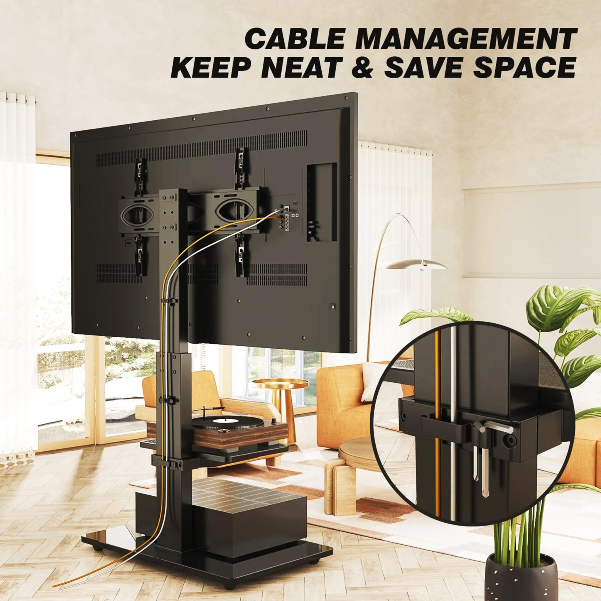 Bricoloco Soporte TV de Suelo con Ruedas giratorias y 2 baldas de Apoyo para Accesorios - Soporte de pie para televisores de 37 a 70 Pulgadas con Base Robusta y Estable - Sistema de Cables recogidos.
