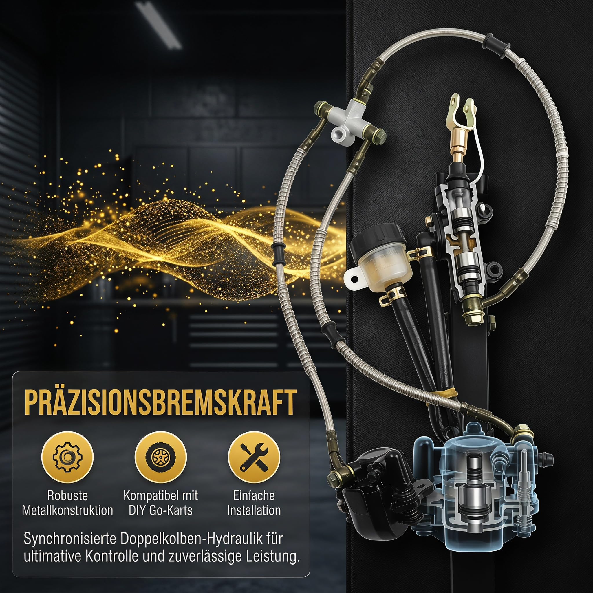 Go Kart Bremsen Hydraulische Hinterrad Bremsanlage mit Doppel Fußbremse Und Hauptzylinder, Metallkonstruktion für DIY Go Kart Strandbuggy Mini, mit Bremsscheibe