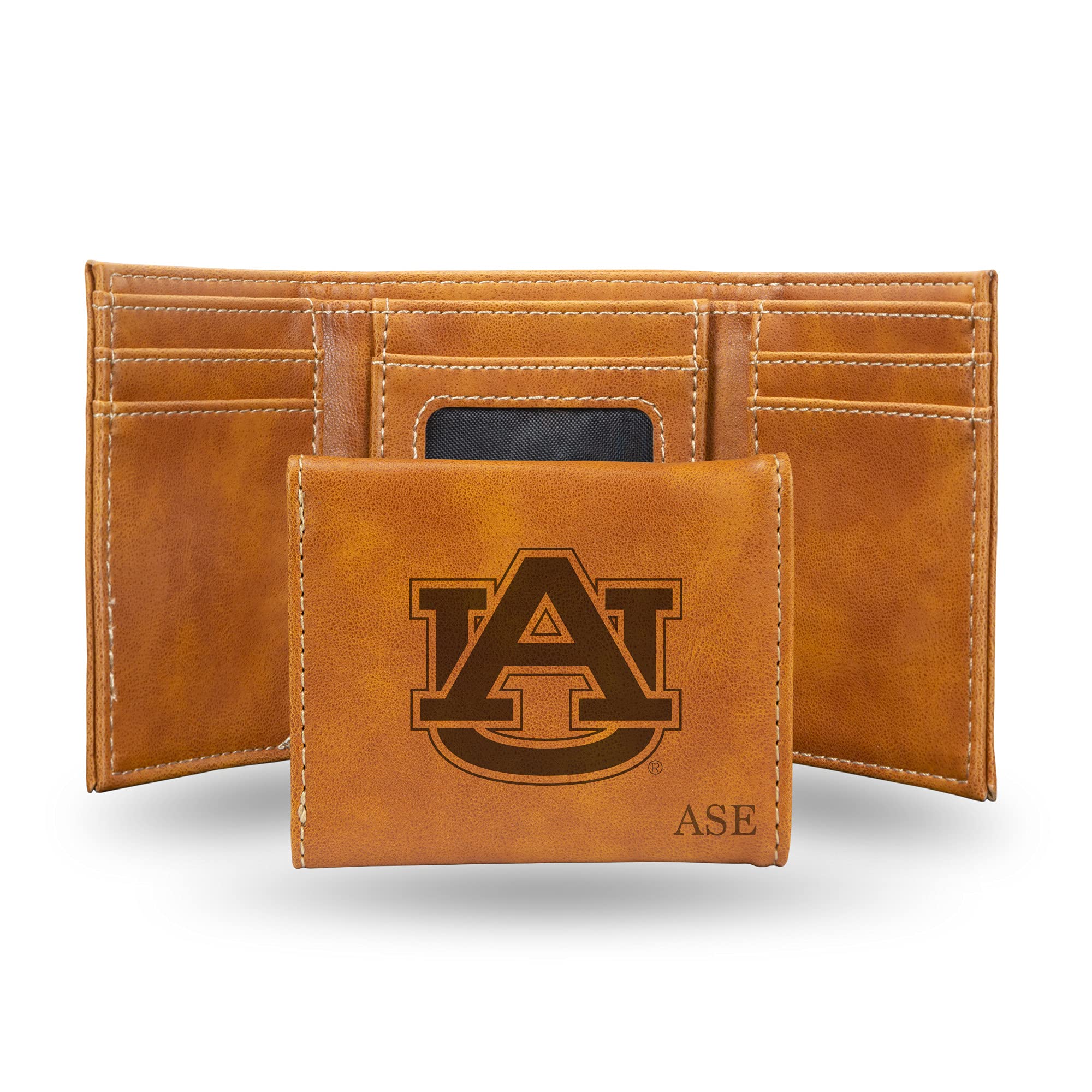 Rico Industries NCAA Auburn Tigers Brown Personalized-Custom Laser Engraved Tri-fold Wallet - Slim Wallet