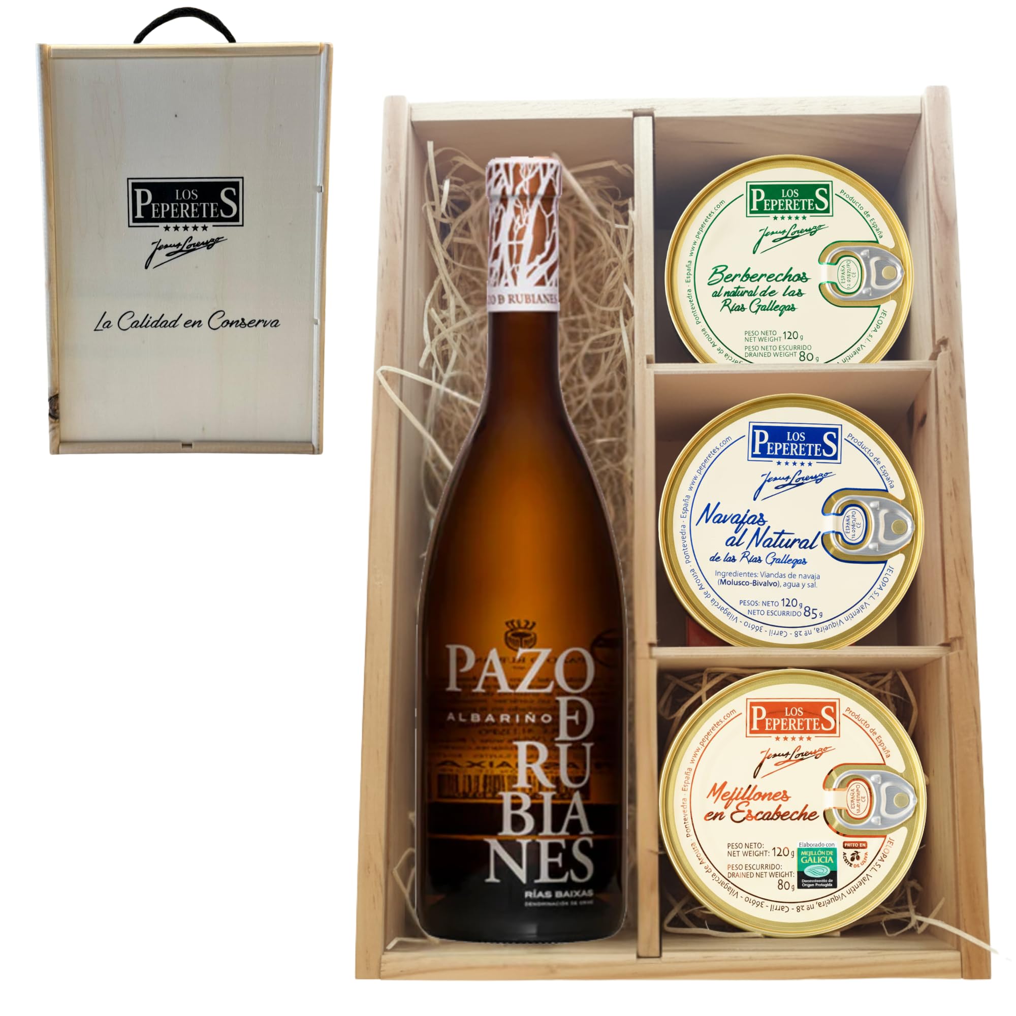 LOS PEPERETES Pack Gourmet Marisco Gallego con Albariño Pazo Rubianes | Berberechos ×2 · Navajas ×2 · Mejillones en Escabeche ×2 | Lote Delicatessen Selección Gourmet