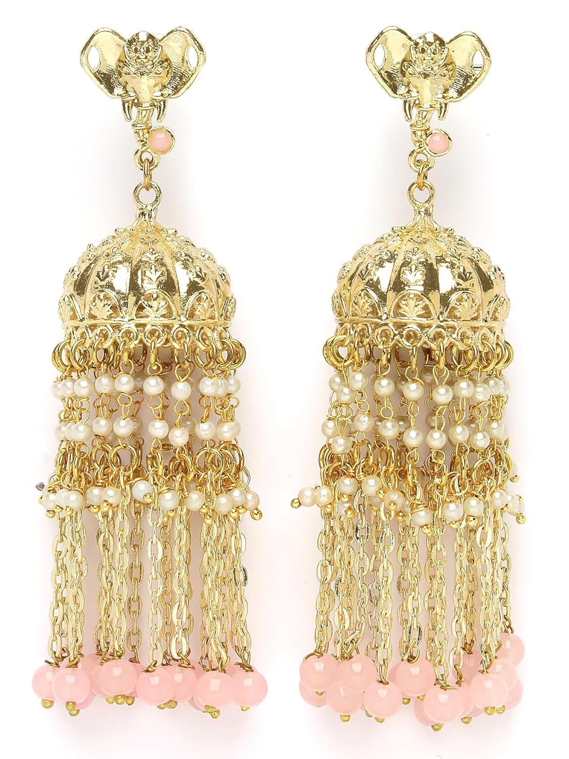 Karatcart Elephant Design Gold Plated Pink Beads Kundan Tassel Chain Jhumki Earrings for Women