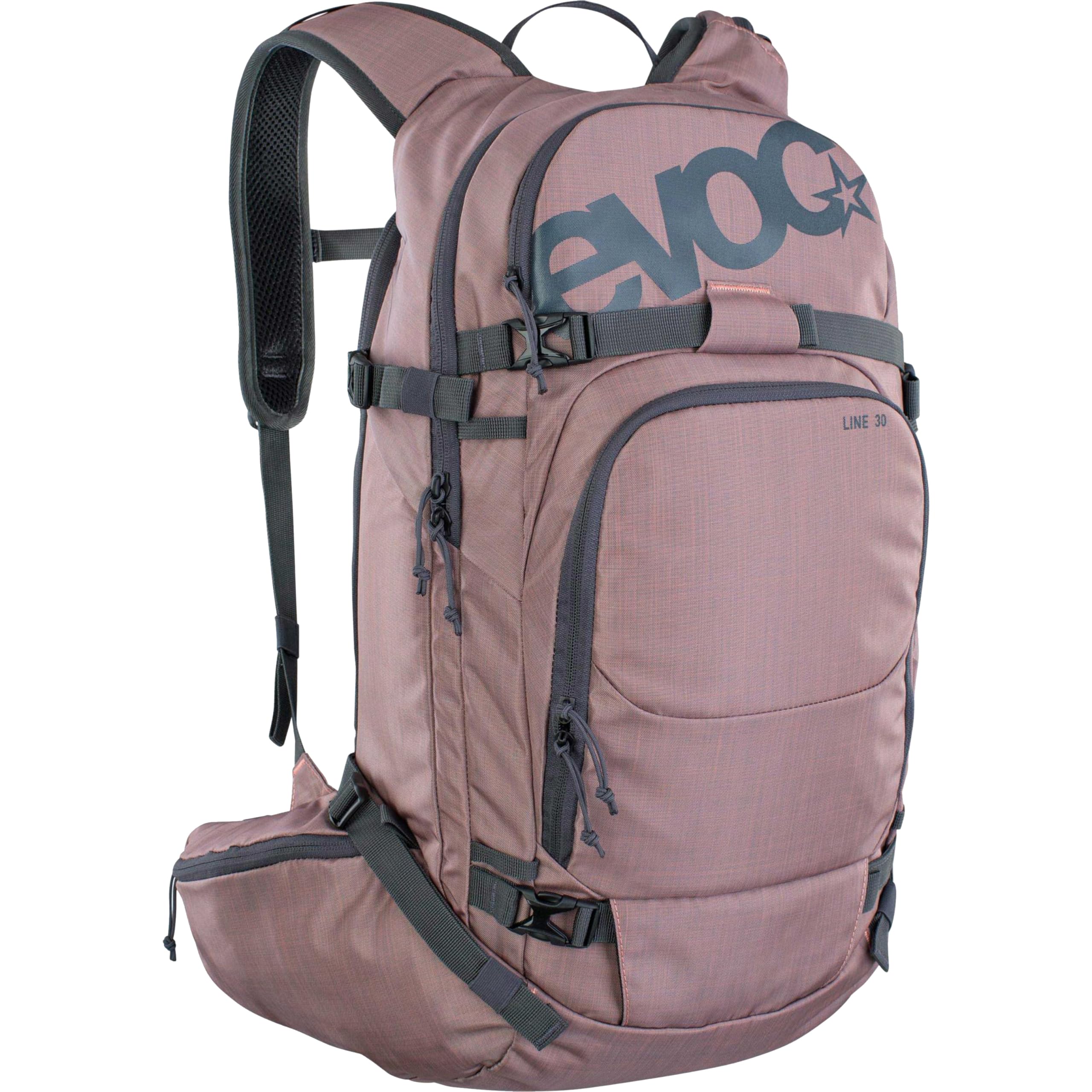 EVOC LINE 30 All-Mountain-Tragerucksack (NEURALITE SYSTEM, Skihalterung, separates Lawinenfach mit Notfallplan, leicht zugängliches Hauptfach, BODDY HUGGING), Staubrosa