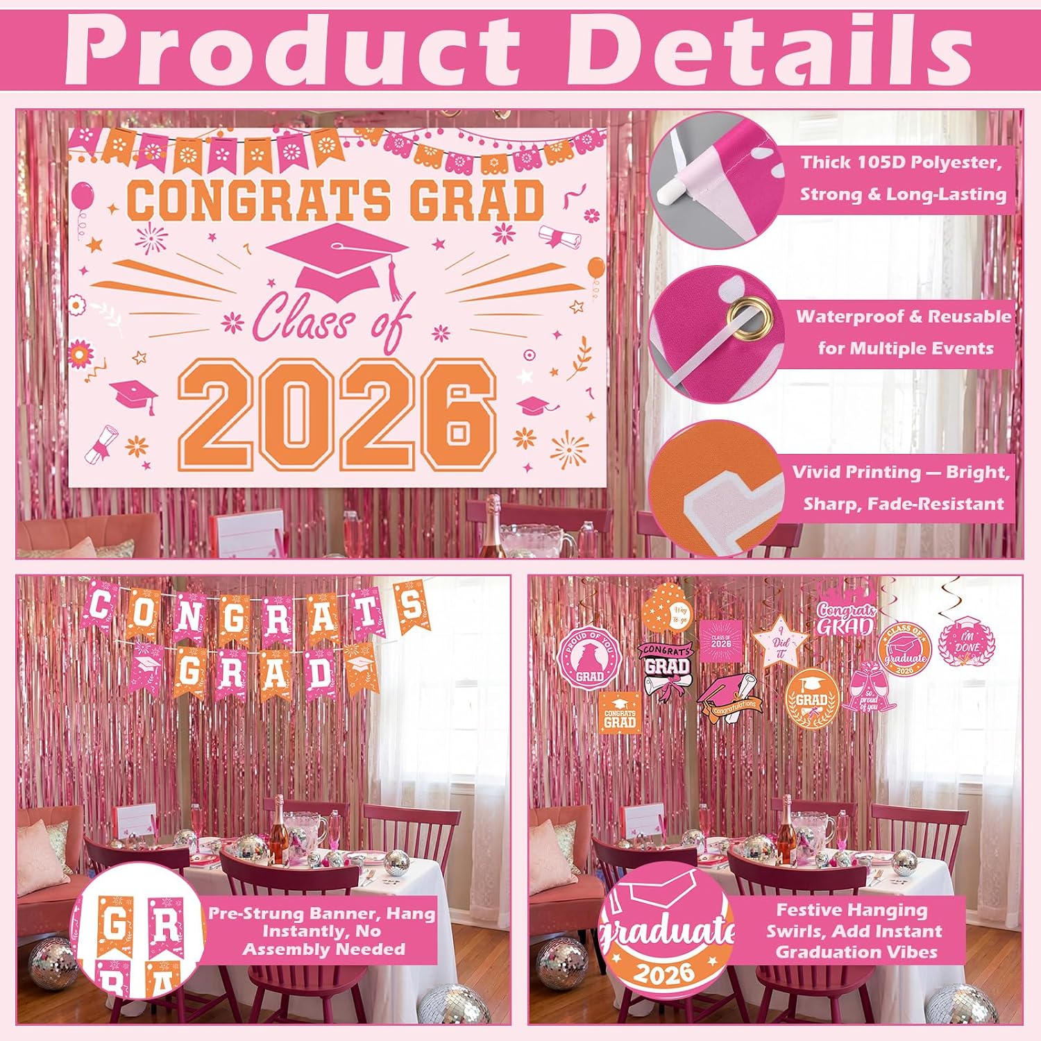 Frienda 40 Pcs Graduation Decorations 2026 Pink and Orange Graduation Decor Set Class of 2026 Backdrop, Flag Banner, Paper Fans Porch Banner, Congrats Grad Hanging Swirl, Balloons for Grad Party Decor