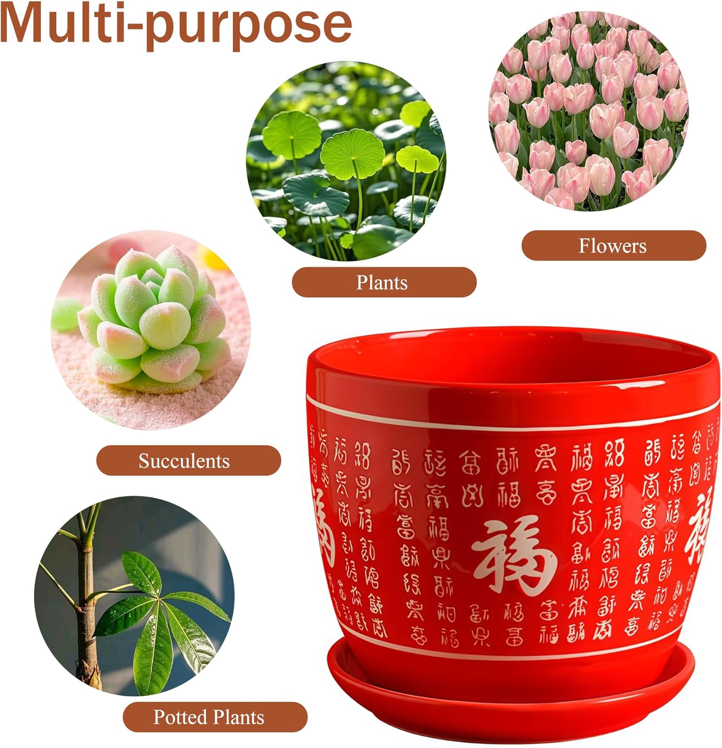 Outdoor Plants Flower Pots: Indoor Planters with Drainage and Tray, Ceramic Pots for Plants, Creative Lucky Red Ceramic Orchid African Violet Lotus Flower Money Succulent Pot, 6 Inch Plant Pot