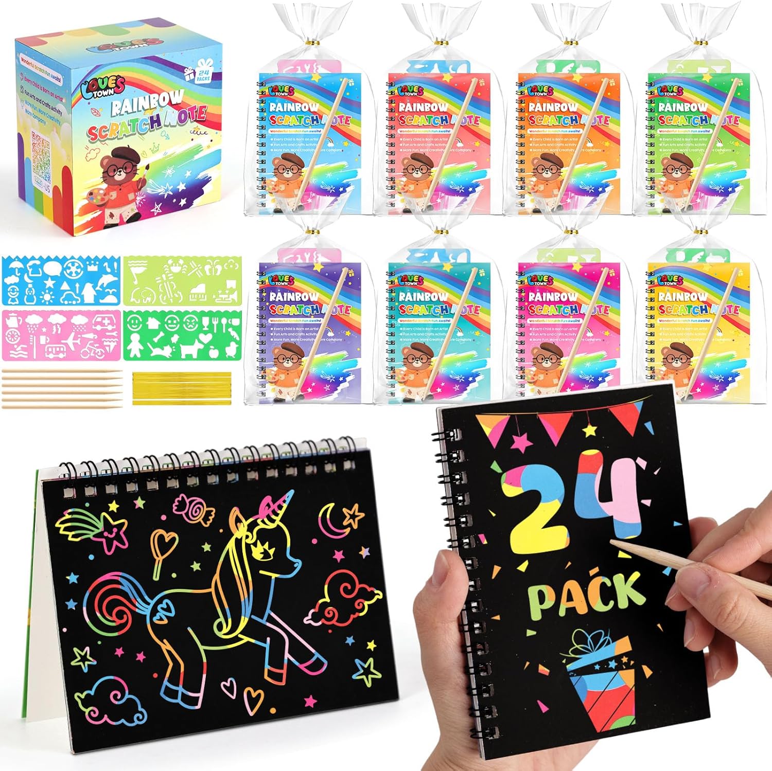 LovesTown 32 Pack Rainbow Scratch Art Notebook Party Favors Bulk for Kids, Rainbow Notebooks with Stencils & Classroom Prizes Bulk for Girls Boys Ages 4-12