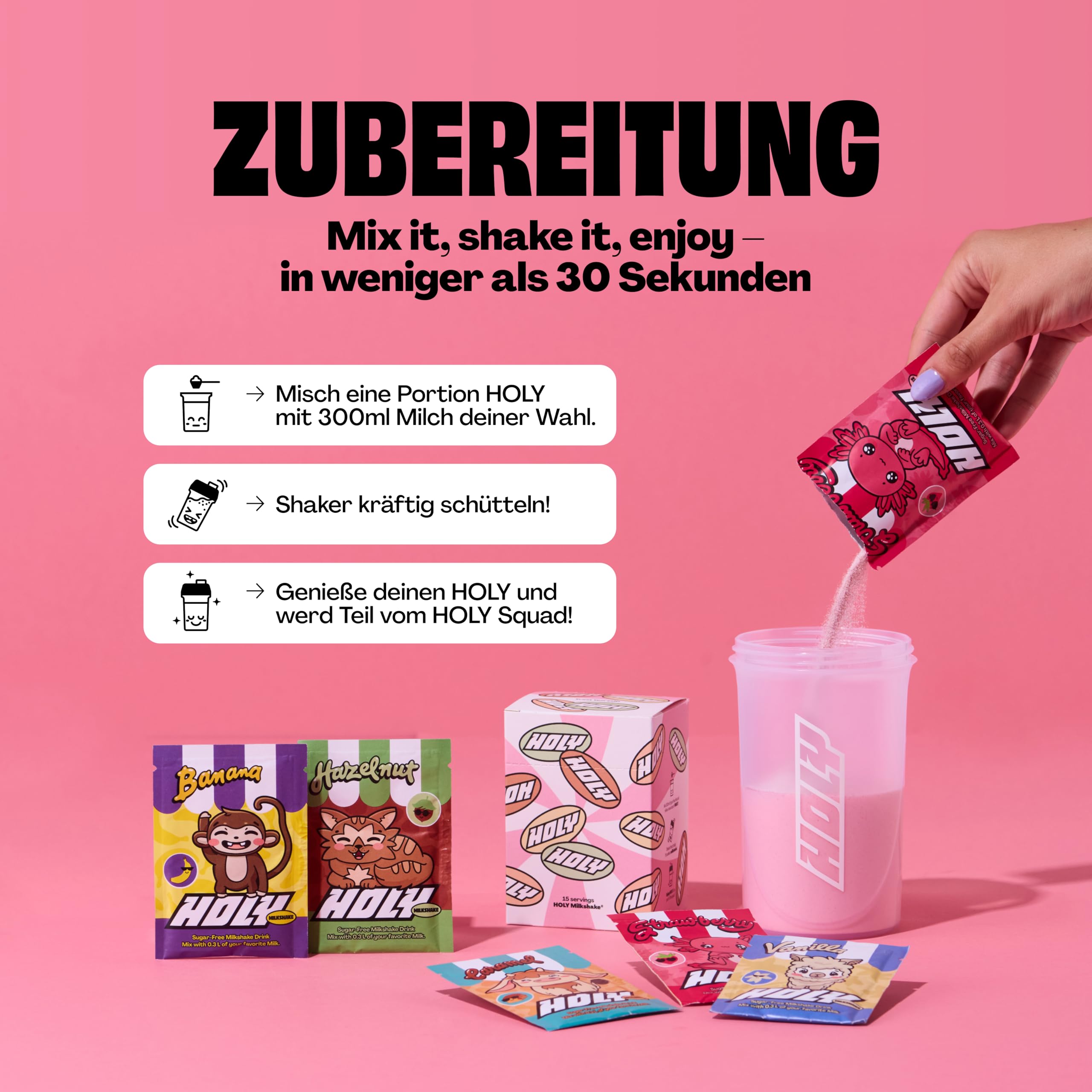 HOLY Milkshake Starter Set - 3x5 Sorten - mit Vitaminen B, C & D und 100% natürlichen Aromen – zuckerfrei, koffeinfrei & vegan – kalorienarmes Milchshake Pulver inklusive Shaker