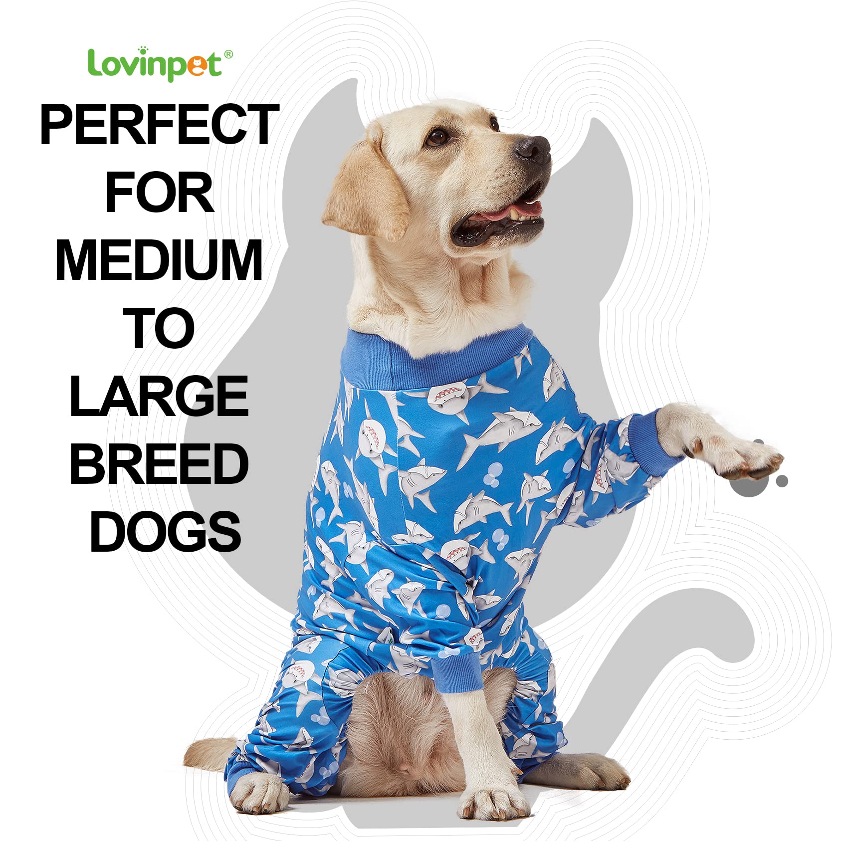 LovinPet Großer Hunde-Schlafanzug Mit UV-Schutz, Blauer Hai-Druck - Leichter Ganzkörper-Pyjama Für Hunde