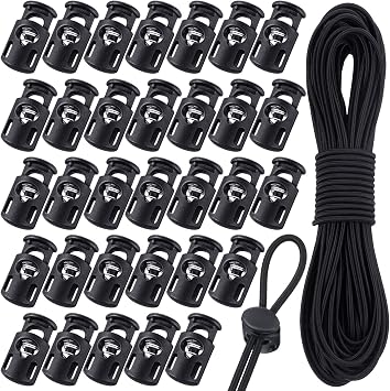 Patelai 50 Pcs Cord Locks Spring Toggles Shock Cord, Classic Style, Black