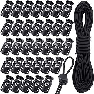 50 Pieces Cord Locks Spring Toggles Stoppers Plastic Single Hole End Stopper Slider and 1/8 Inch 66 Feet Elastic Bungee Cord for Drawstring Shoelaces Clothing Bags (Classic Style, Black)