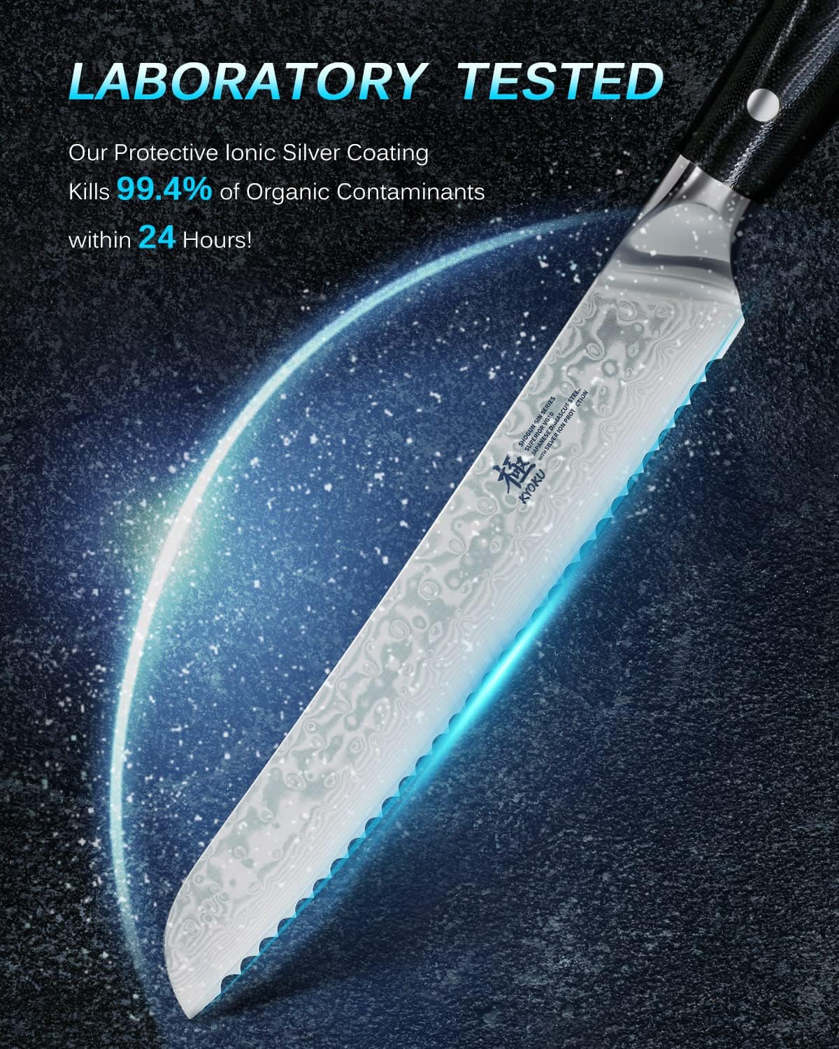 KYOKU 8" Serrated Bread Knife - Gin Series - VG10 Damascus Japanese Style Steel Kitchen Knife with Silver Ion Blade G10 Handle Mosaic Pin, Professional Razor-Sharp Bread Cutting Slicing - Image 3