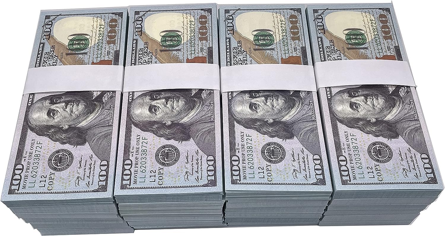100 Pcs Prop Money Full Print 2 Sided Motion Picture Money Realistic Money Stacks,That Looks Realfor Education Learning, Music Video, Magician, Prank Teaching and Parties (‎15 x 6.5 x 1 cm; 60 Grams)