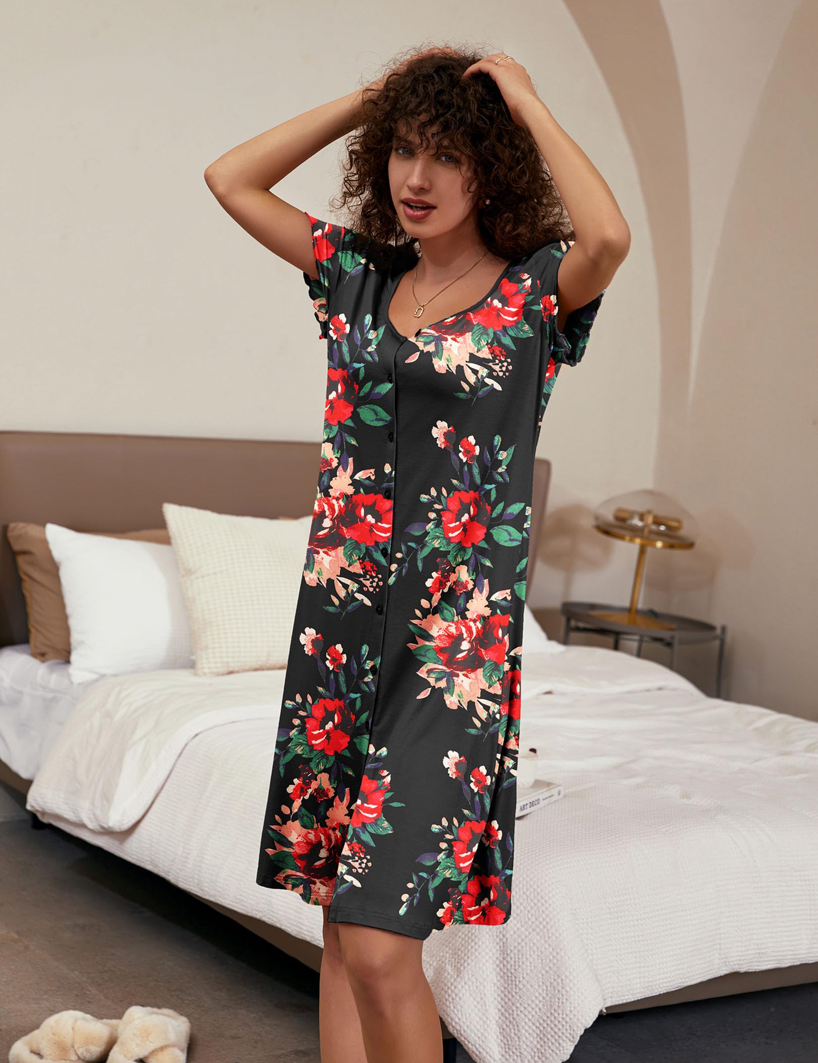 Ekouaer Camicia da Notte Donna Manica Corta Bottoni con Scollo a V Pigiama da Notte