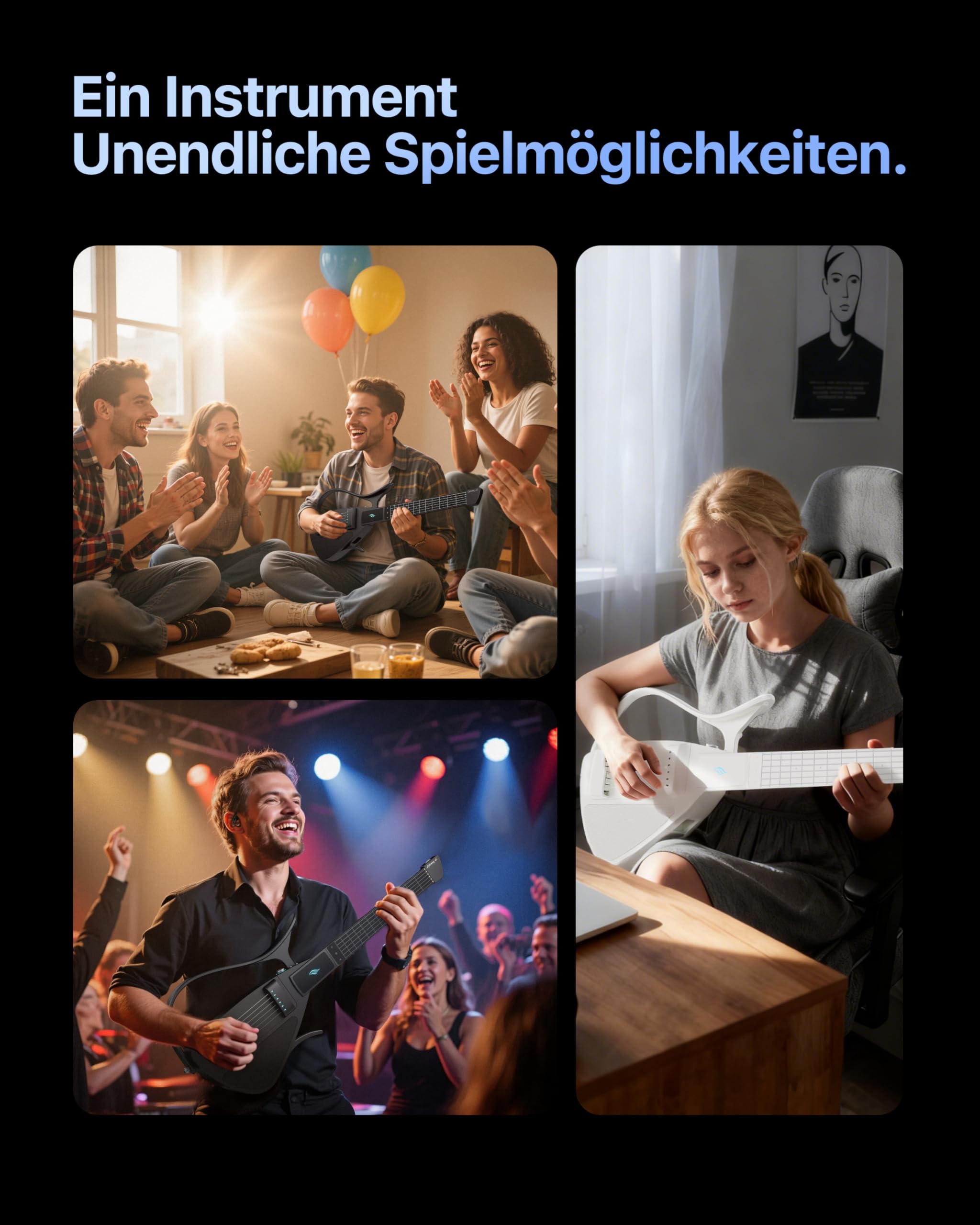 Enya CYBER-G Smart Gitarre – mit Silikonsaiten, 24 integrierten Sounds, schwarze leise Reise Anfänger Gitarre mit Lautsprecher, Drum-System, App & interaktiven Akkorden für Erwachsene & Teenager