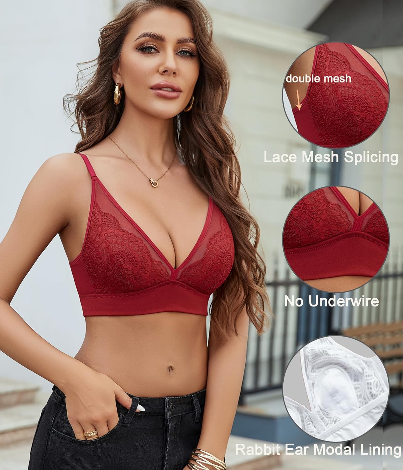 Avidlove Lace Bralette for Women Wireless Mesh Bralettes Sexy V Neck Tank Top with Modal Rabbit Ear Lining - Image 2