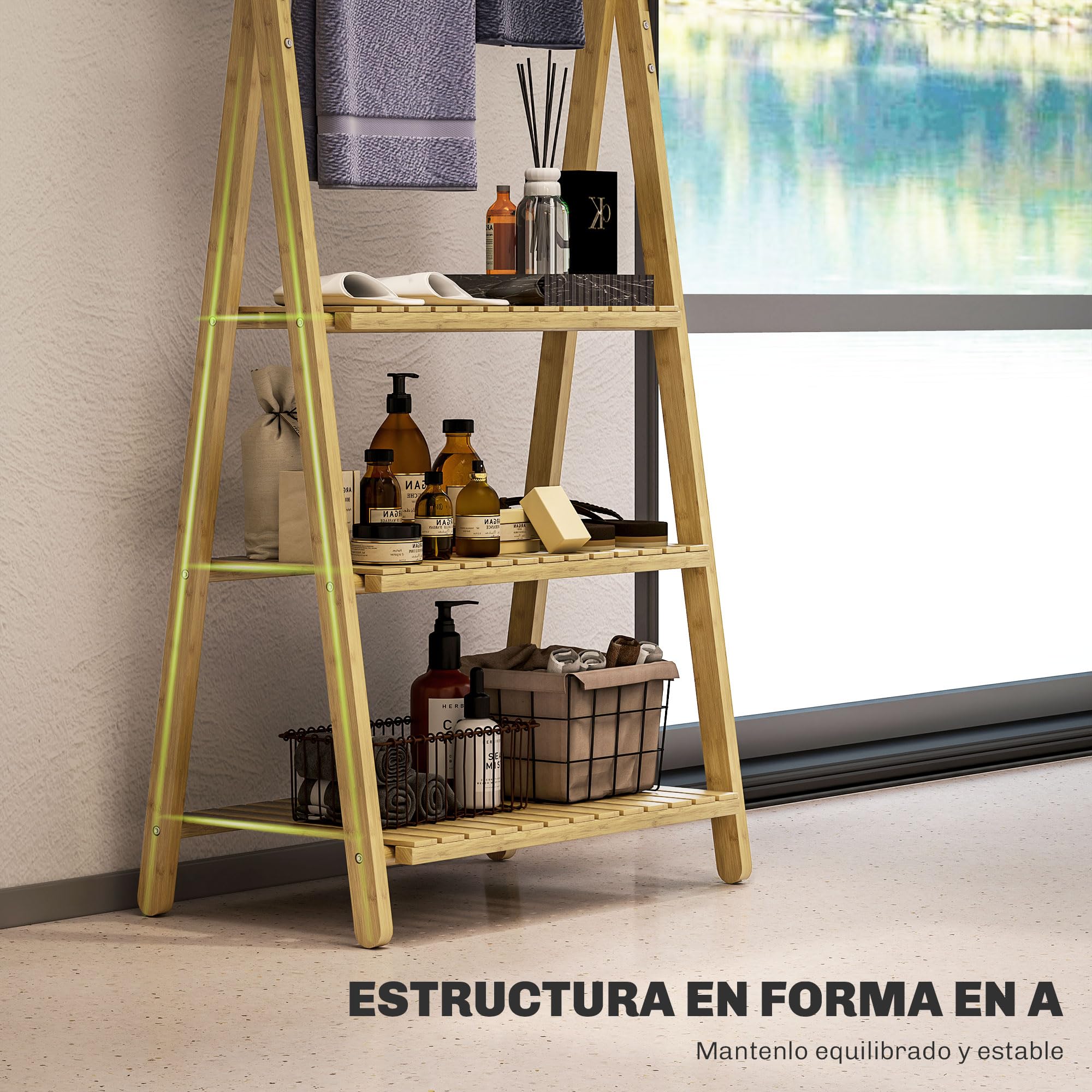 HOMCOM Estantería de Baño de Bambú con 3 Estantes 53,5x30x153 cm Natural | Estantería de Almacenaje, Plegable, con Barras, en Forma de A
