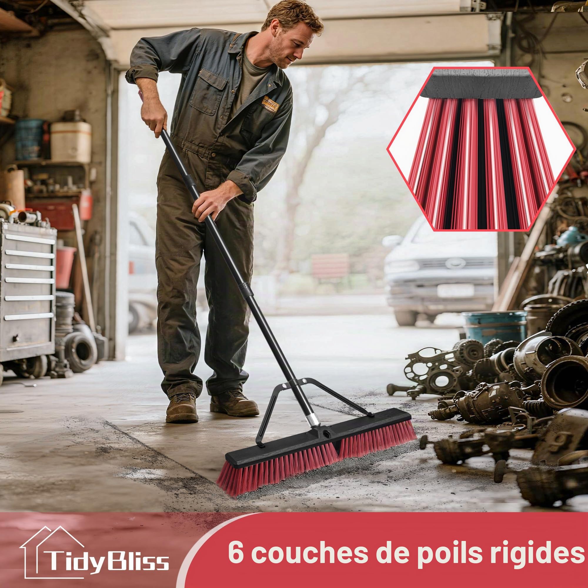 TidyBliss 60 cm Balai Brosse Exterieur, Grande Brush Commerciale à Poils Durs avec Manche Long de 160 cm pour Garage, Atelier, Jardin, Cour, Terrasse, Rue, Entrepôt, Pelouse, Allée (Rouge)