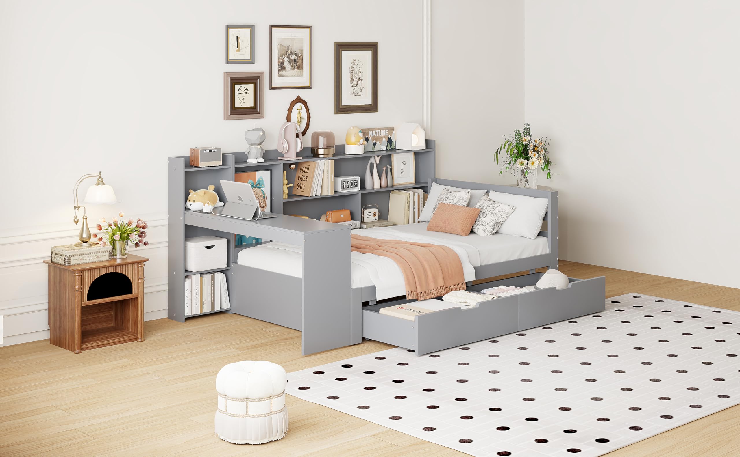 Wielofunkcyjna sofa z funkcją spania z litego drewna z wbudowanym biurkiem, gniazdkiem i miejscem do przechowywania – zajmuje mało miejsca 90 x 200 cm, w kolorze szarym do salonu, pokoju gościnnego