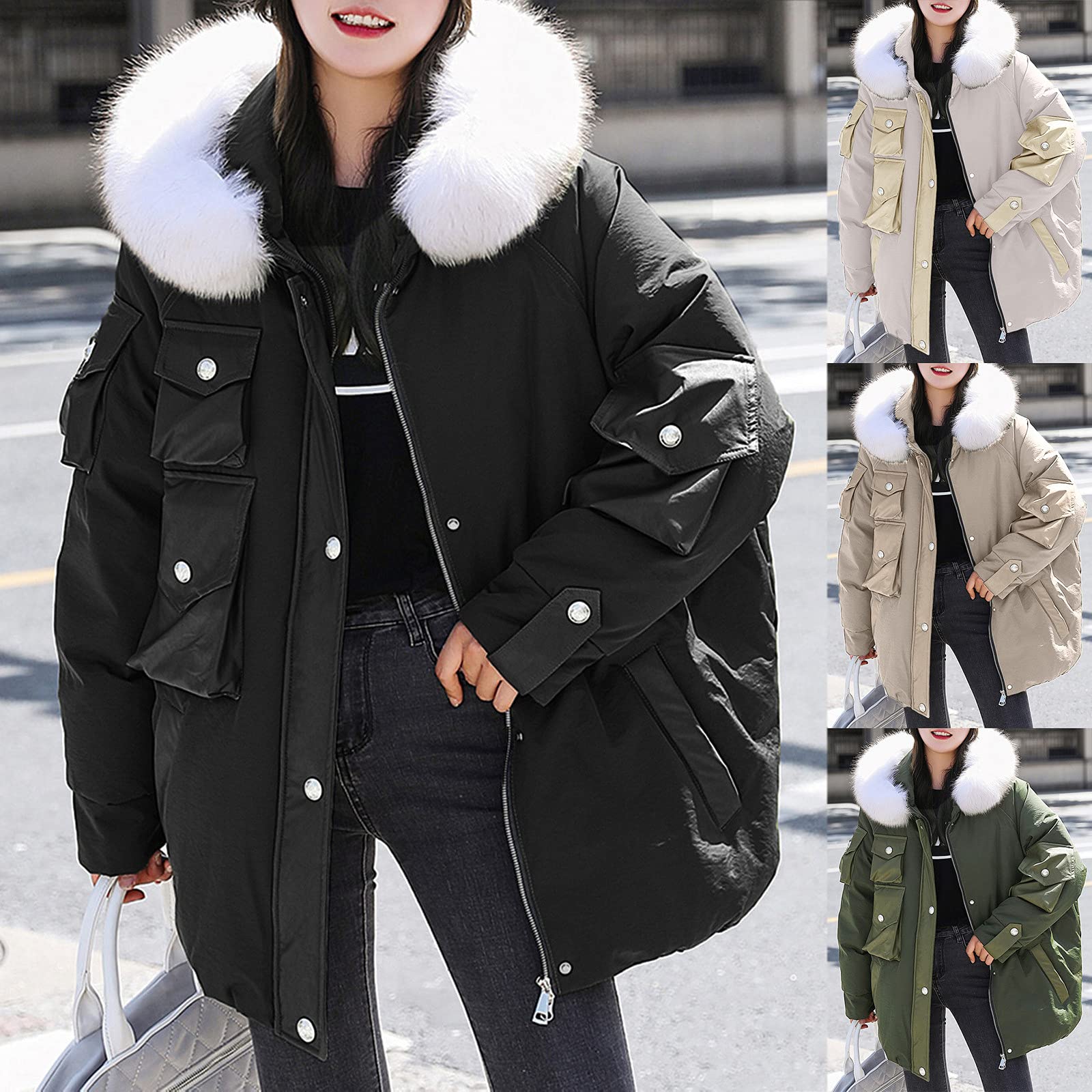 Chaqueta de invierno para mujer con capucha de piel sintética, abrigo de invierno cálido, cortavientos, chaqueta con capucha, chaqueta acolchada para exteriores, chaqueta funcional holgada, talla