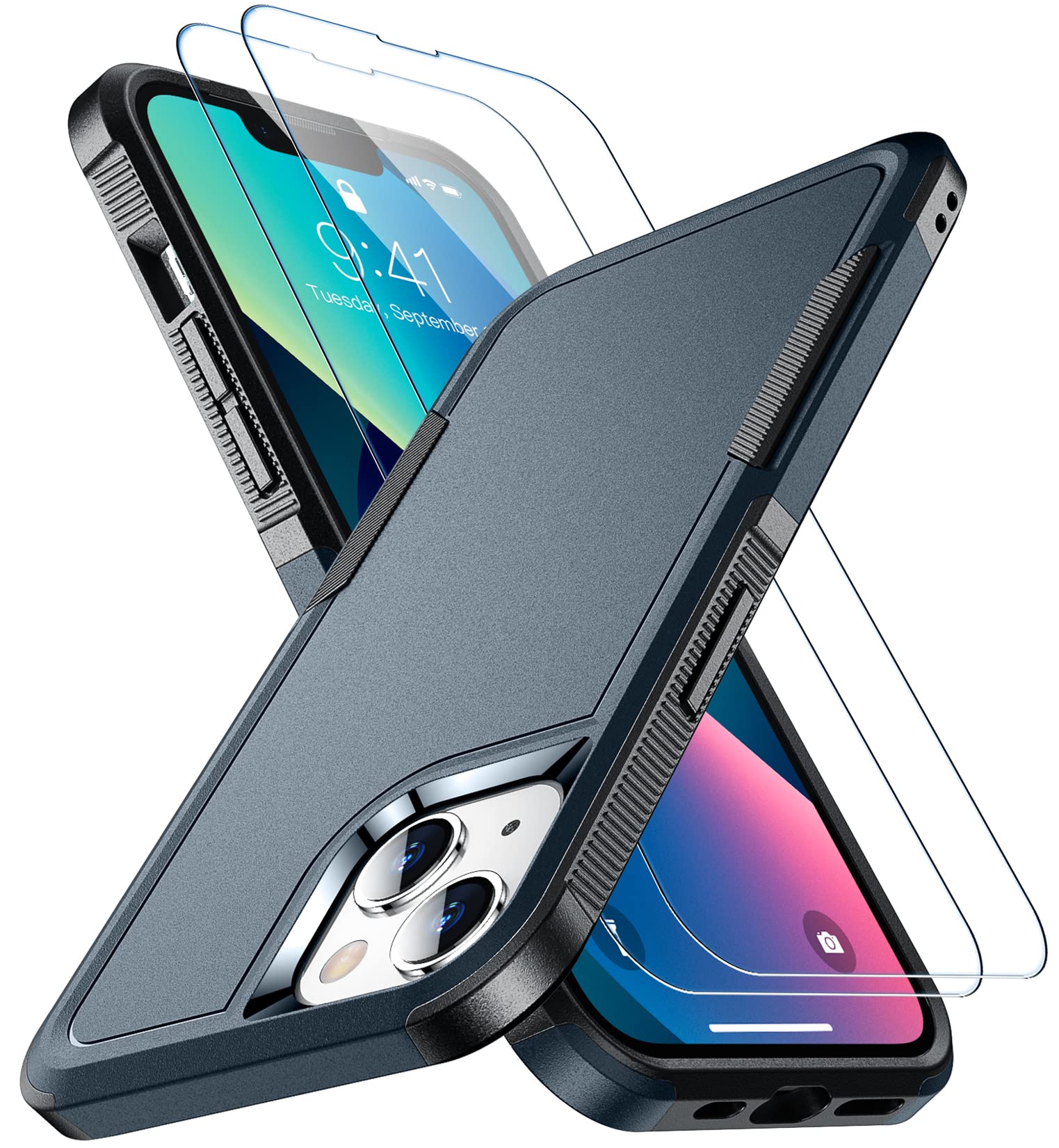 SPIDERCASEDesigned for iPhone 13 Case/iPhone 14 Case, [10 FT Military Grade Drop Protection] [with 2 pcs Tempered Glass Screen Protector] Cover for iPhone 13 & 14 6.1 inch (Navy Blue)