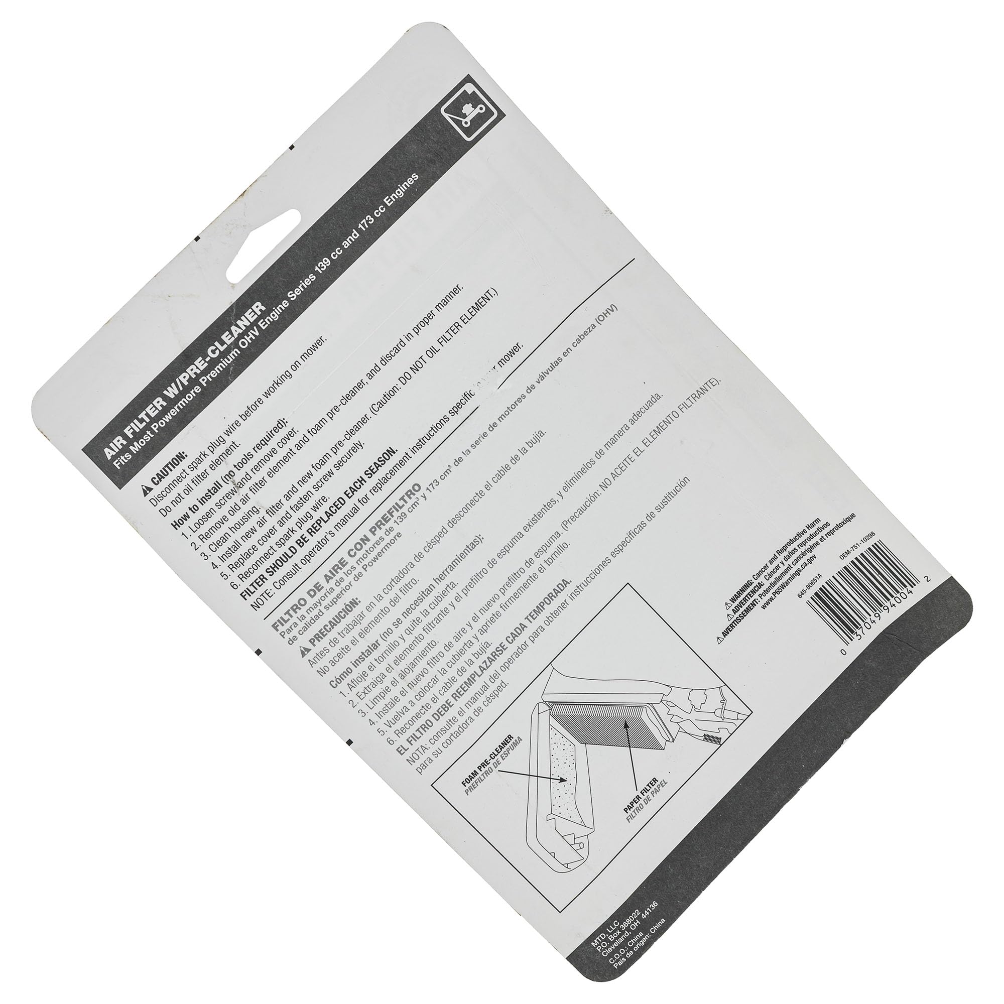MTD - Kit de filtro de aire de repuesto