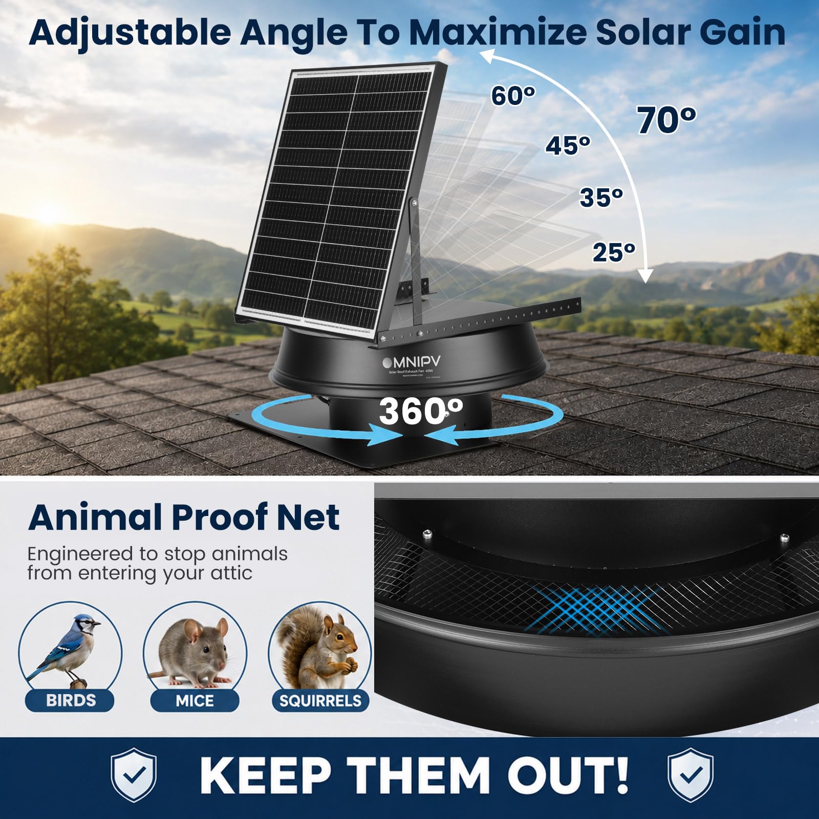 Solar-Hybrid-Dachventilator, 40 W, 2100 CFM Dachmontage, Abluftventilator mit AC-Adapter, 23,9 °C Thermostat, automatisches Ein-/Ausschalten, geräuscharm und wetterfest, für Zuhause, Geschäft