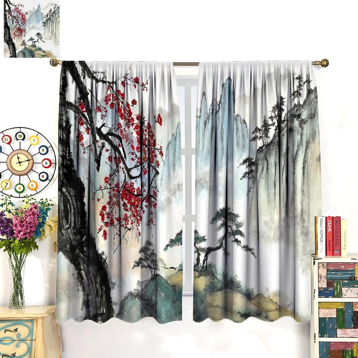 Ink Painting Blackout Curtains, Chinese Traditional Natural Mountain Landscape Art Print Decoration, Suitable for Bedroom Living Room Curtains42X45 Inch