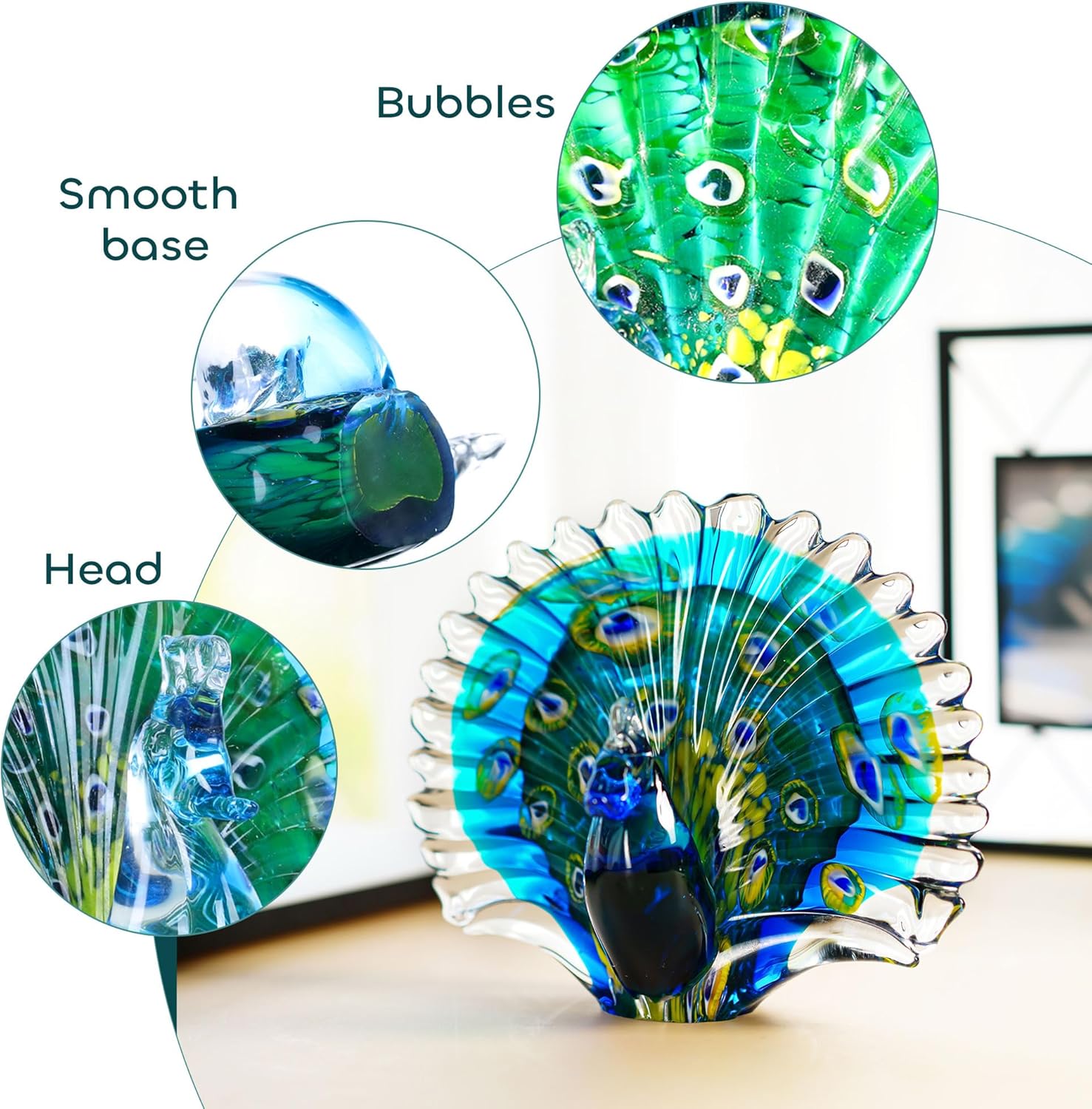 Crystalsuncatcher Hand Blown Glass Peacock Figurines Collectible Gift for Women Glass Art Animal Sculpture for Home Table Decorations (7.5in,Green) - Image 4