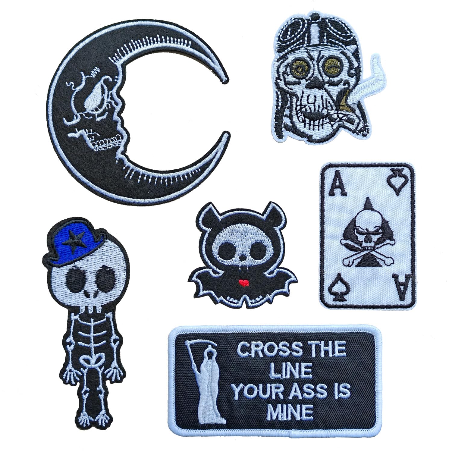 Sunshine Patch 6 PCS Moon Skull Little Devil Skull Embroidered Iron On Patches Halloween Biker Jacket Backpack Fabric Badge