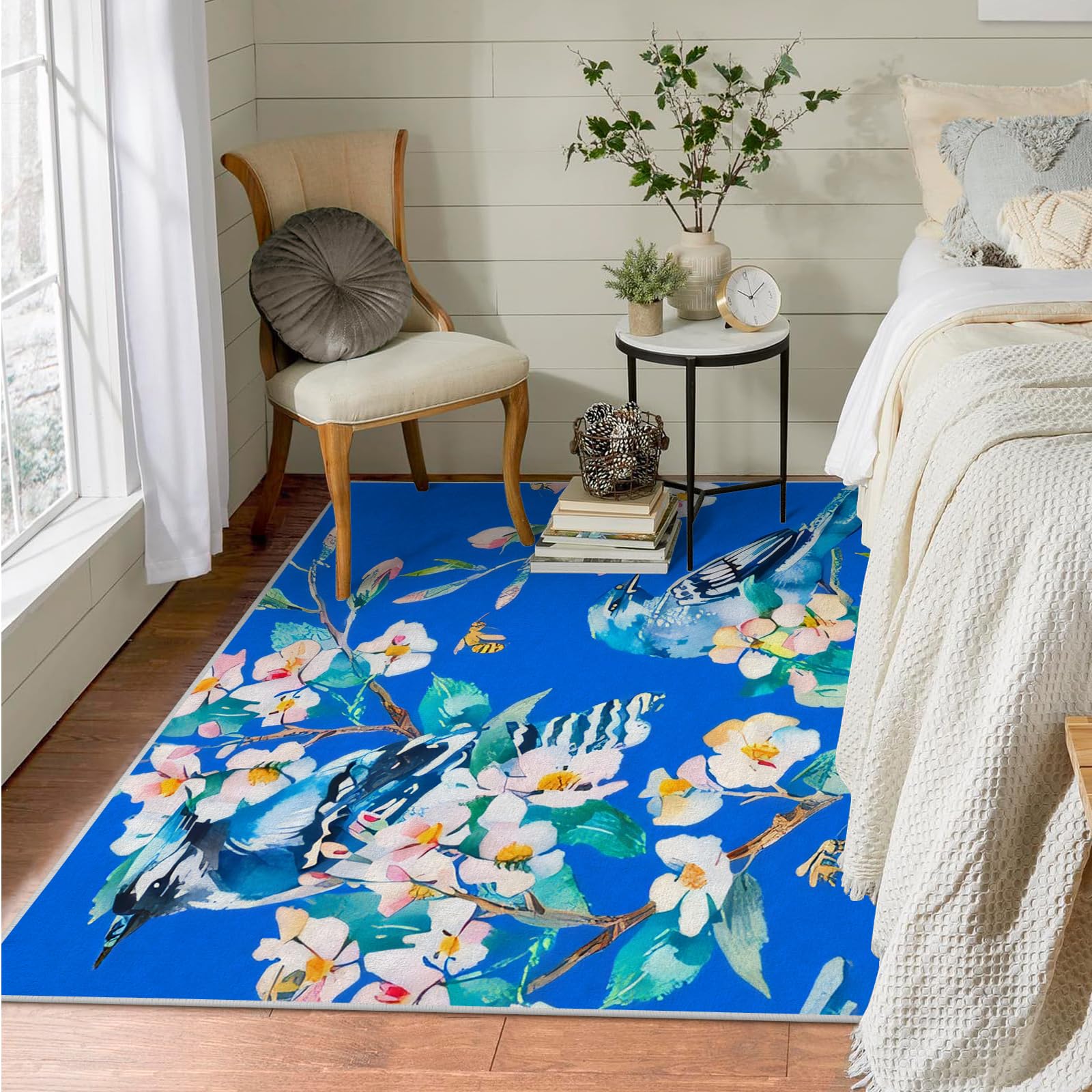 Teppich Quadratisch 150x150 Blaue Blume Teppich Kurzflor Waschbar in Waschmaschine Vogel Teppich Gegend rutschfest Dünn Saugfähig für Wohnzimmer Schlafzimmer Küchen