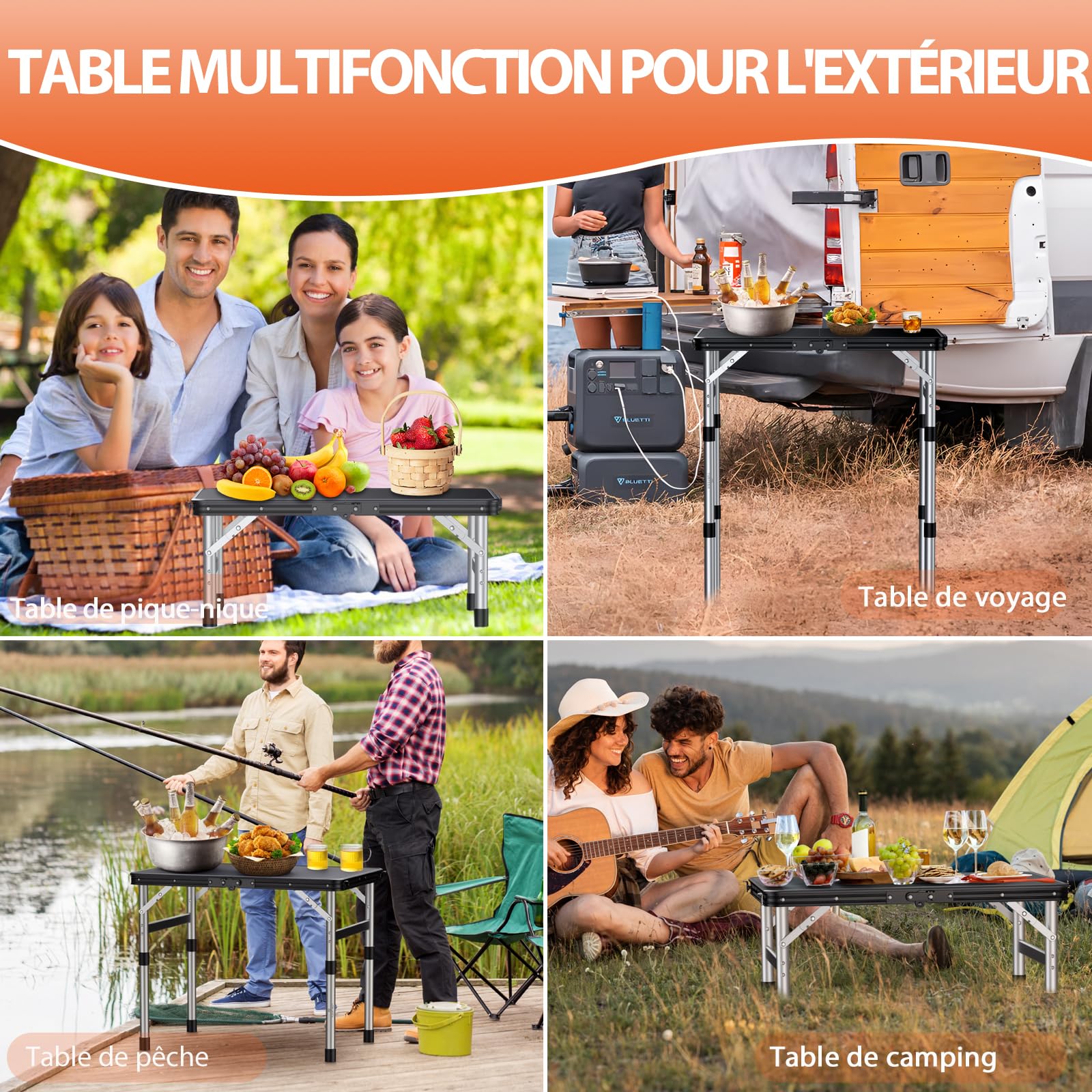 FUNYKICH Table de Camping Pliante,3 Hauteurs Réglables,70 cm Noir | Table de camping pliante 58 × 40 cm,pieds aluminium,3 hauteurs 26/48/70 cm pour barbecue et pique-nique