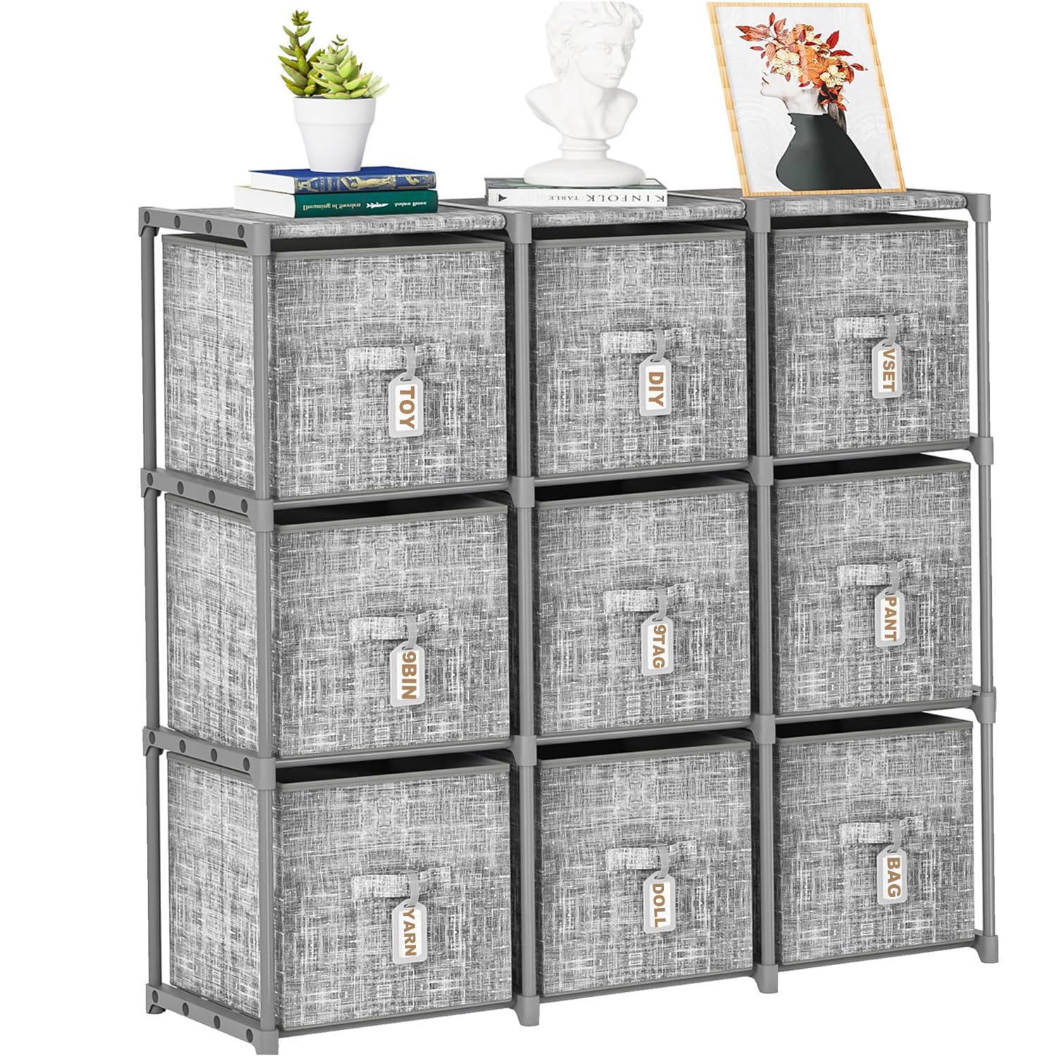 LUKYTOWER 9 Cube Closet Organizer with Beautiful Printed Drawers + Labels, Storage Shelf, Toy Cubby Organizer