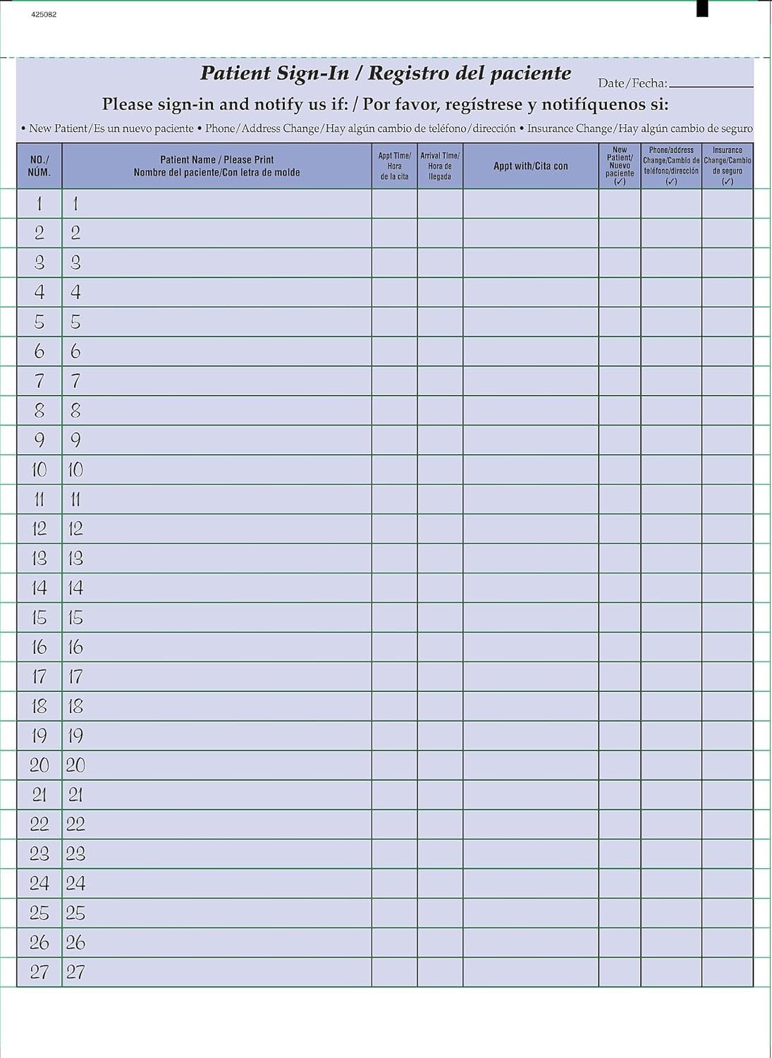 Bilingual Patient Sign-in Sheets - 1000 Count