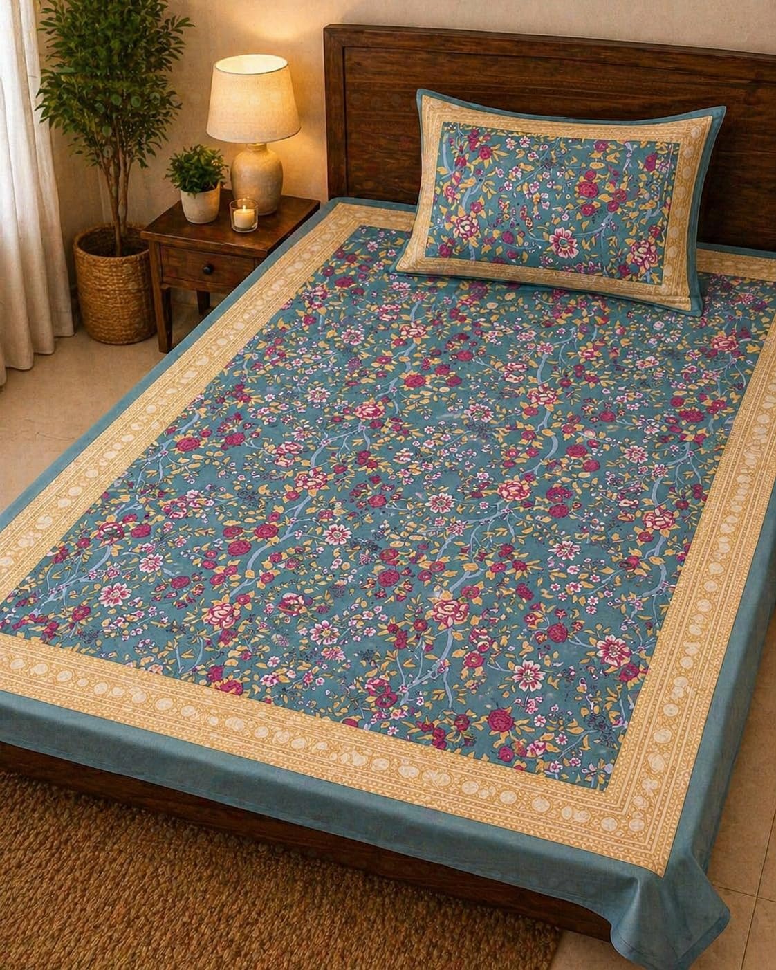 Mafatlal 144 TC Heritage Pure 100% Cotton Twin Bed Sheet with Pillow Cover (90x60 inches) | Bedsheet for Single Bed Cotton, Jaipuri | Navy Blue-picture-21