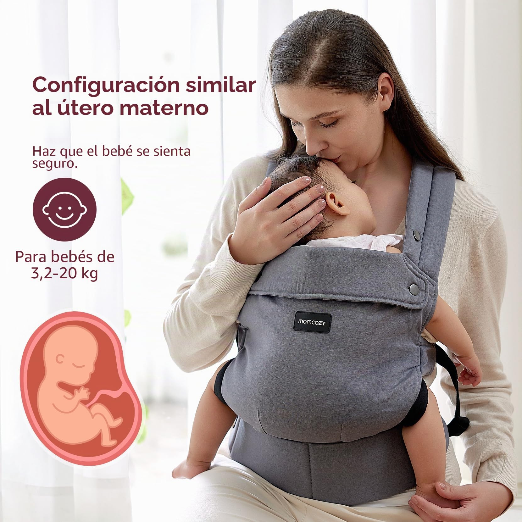 Portabebés Momcozy para recién nacidos y niños pequeños - Ergonómico, Cómodo y Ligero para niños de 3 a 20 kg, Fácil de poner, Ideal para una crianza con las manos libres, Gris