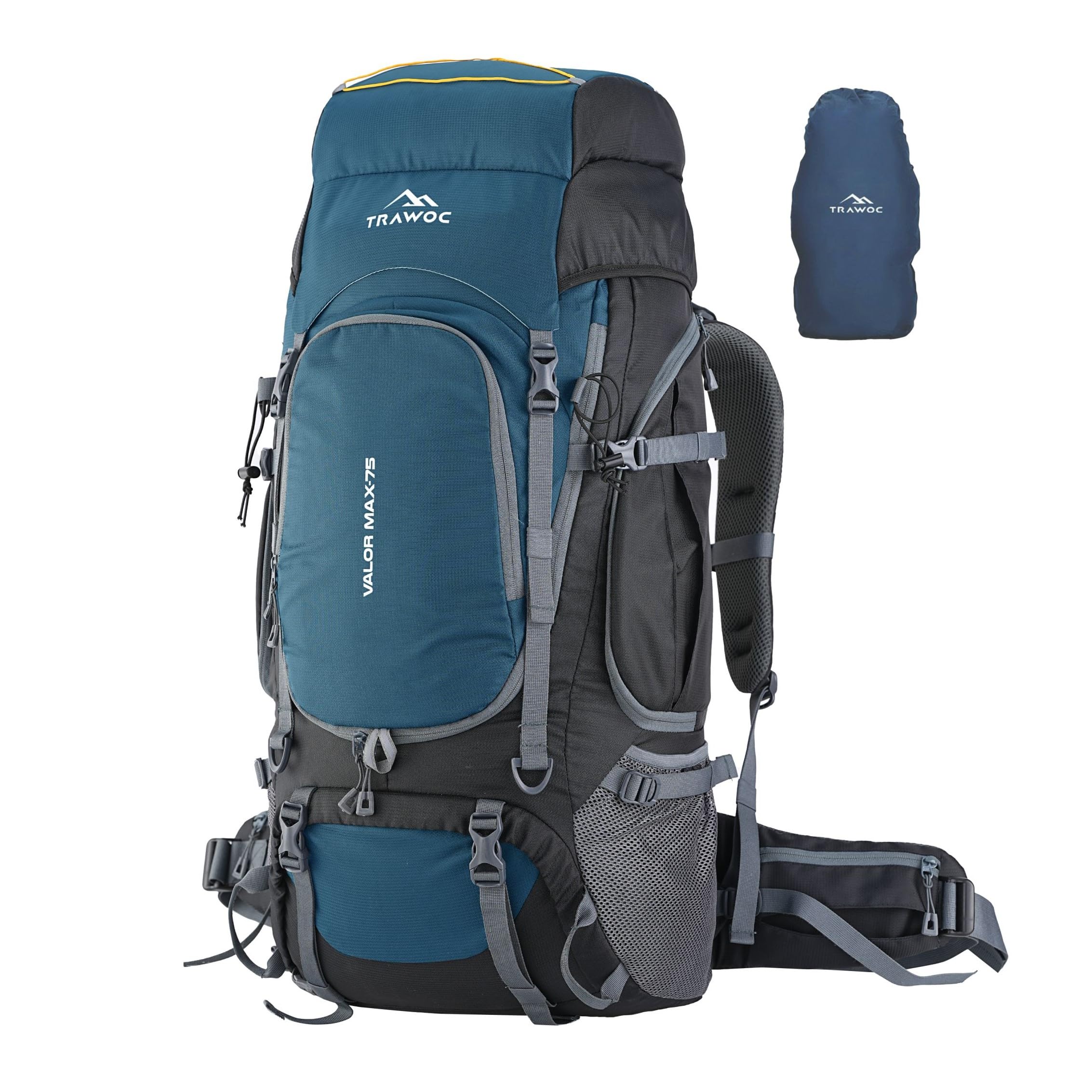 TRAWOCVALOR MAX 75 Ltr Travel Backpack Camping Hiking Trekking Bag Rucksack for Men & Women with Rain Cover/Shoe Compartment, English Blue, 3 Year Warranty