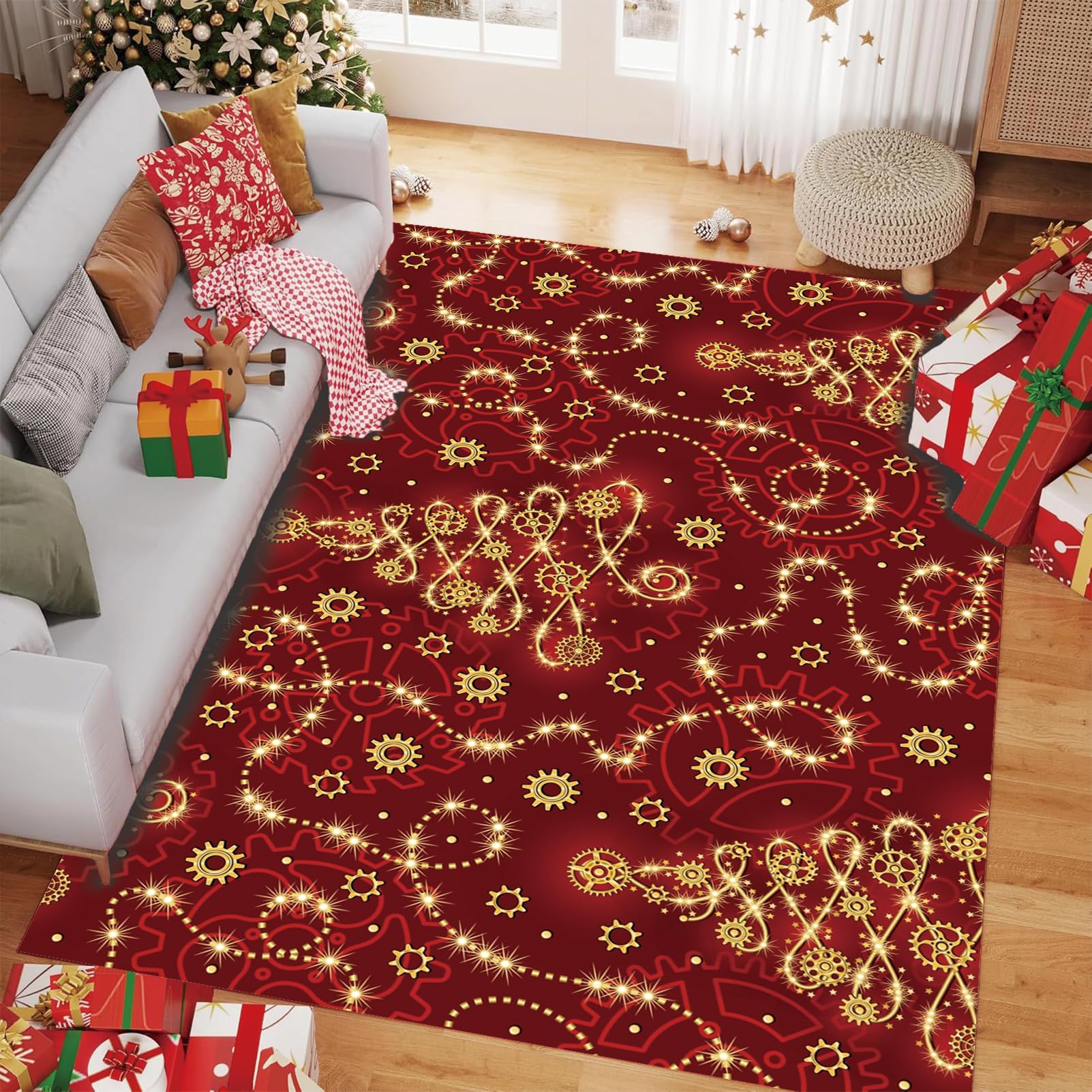 VKJSIP Christmas Area Rug 5x8ft/60x96in Red Gold Rug Xmas Modern Rug Kitchen Washable Rug Non Slip Abstract Carpet Holiday Decor Soft Rug for Bathroom