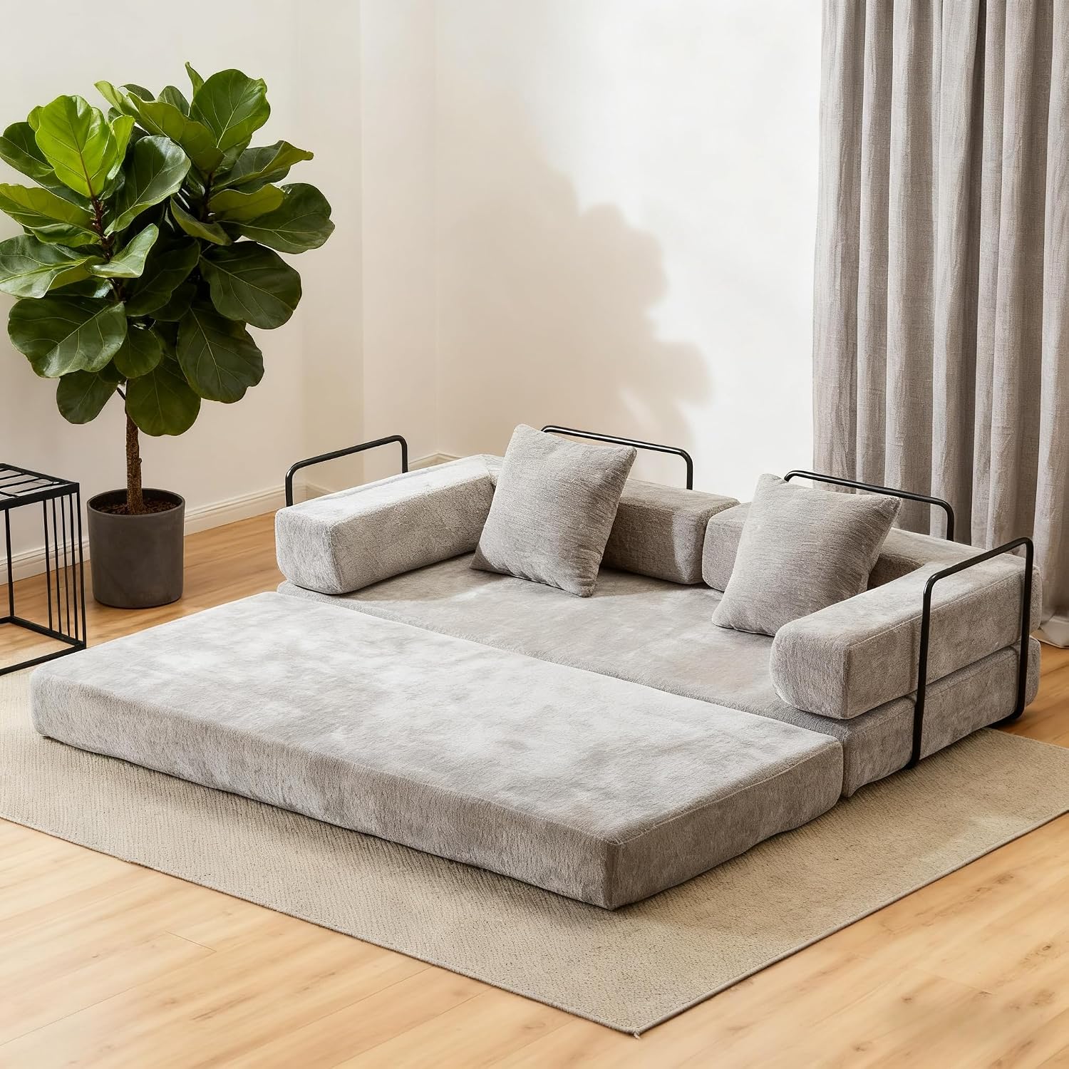 77" Convertible Foldable Floor Couch, 3-Seat Futon Sleeper Sofa for Living Room, Bedroom, or Apartment, with Pillow Backrest and Armrests, Chenille Fabric, No Assembly Required, Light Grey