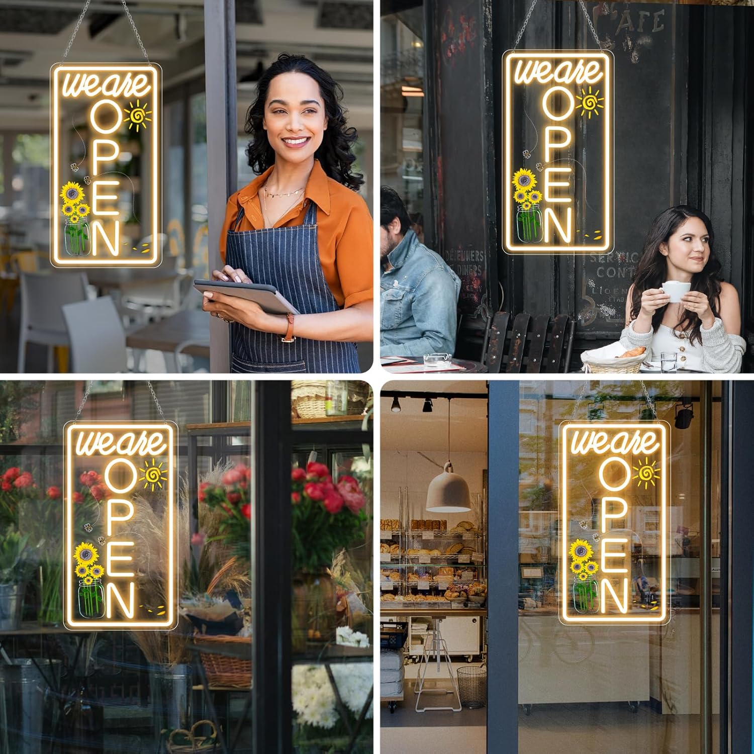 Neon We Are Open Signs for Business, 16.5x9'' Open Sign with Printed Flower and Sun, with ON/OFF Switch & Adapter, Warm White, Ideal for Window, Party, Wall, Bars, Coffee Shops, Salons, Clubs, Hotels, Vertical