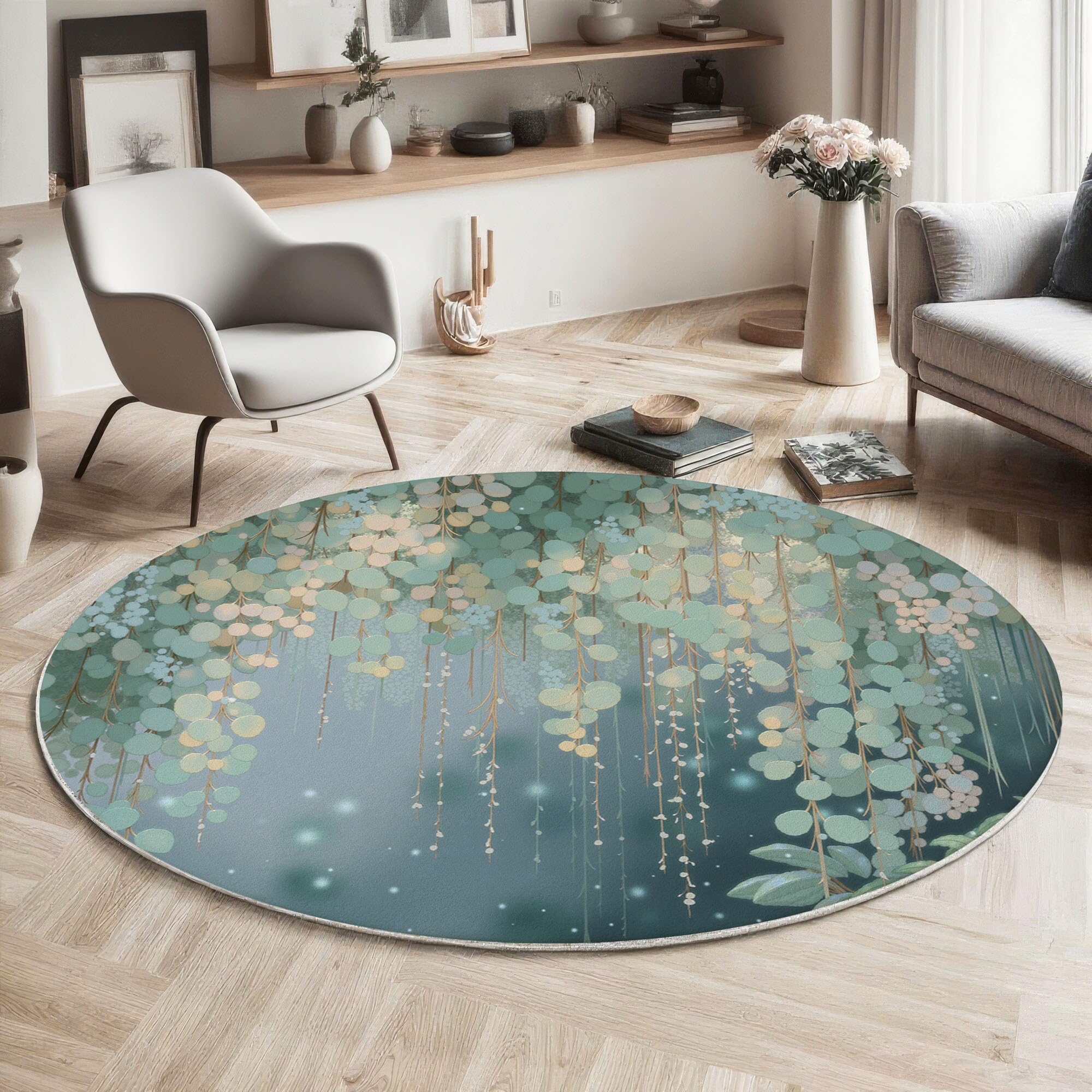Tapis Rond Feuilles D'Eucalyptus Aquarelle 100 Cm, Lavable En Machine Pour Salon, Ne Perd Pas Ses Poils, Antidérapant | Tapis Esthétique Végétale Pour Chambre À Coucher Chambre D'Enfant, Vert Foncé