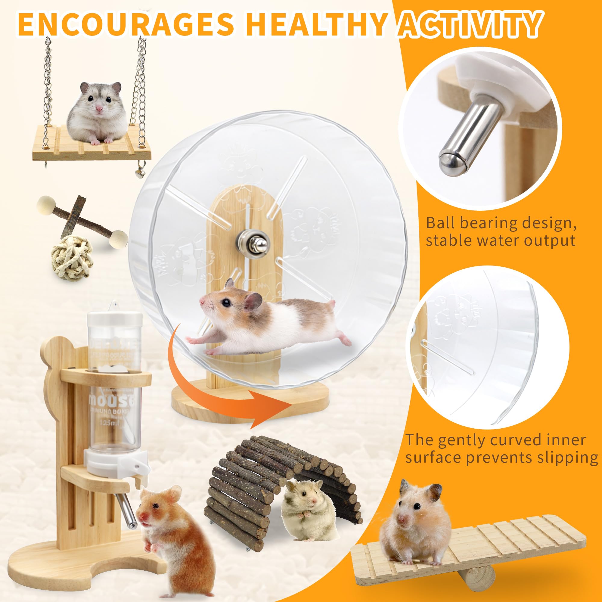 20 accesorios para jaula de hámster, rueda silenciosa de hámster de 9.45 pulgadas, juego de juguetes para masticar, casa de madera y botella de agua con soporte para chinchillas, conejos, conejillos