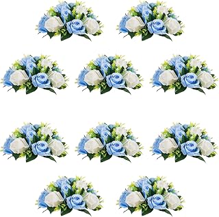 10Pcs Artificial Rose Balls for Centerpieces (Blue & White)