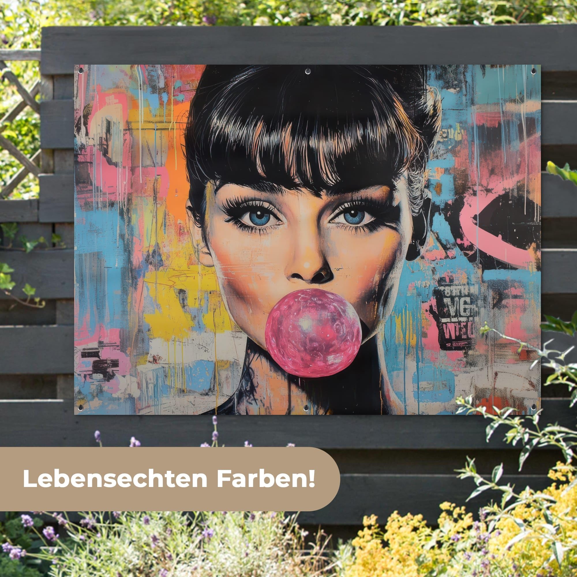 MuchoWow© Gartenposter Outdoor Bilder Gartendeko für draußen Wetterfest | 160x120 cm - Garten Deko Terrasendeko Banner Draußen Bild Dekoration Kaugummi - Frau - Pinselstriche - Modern
