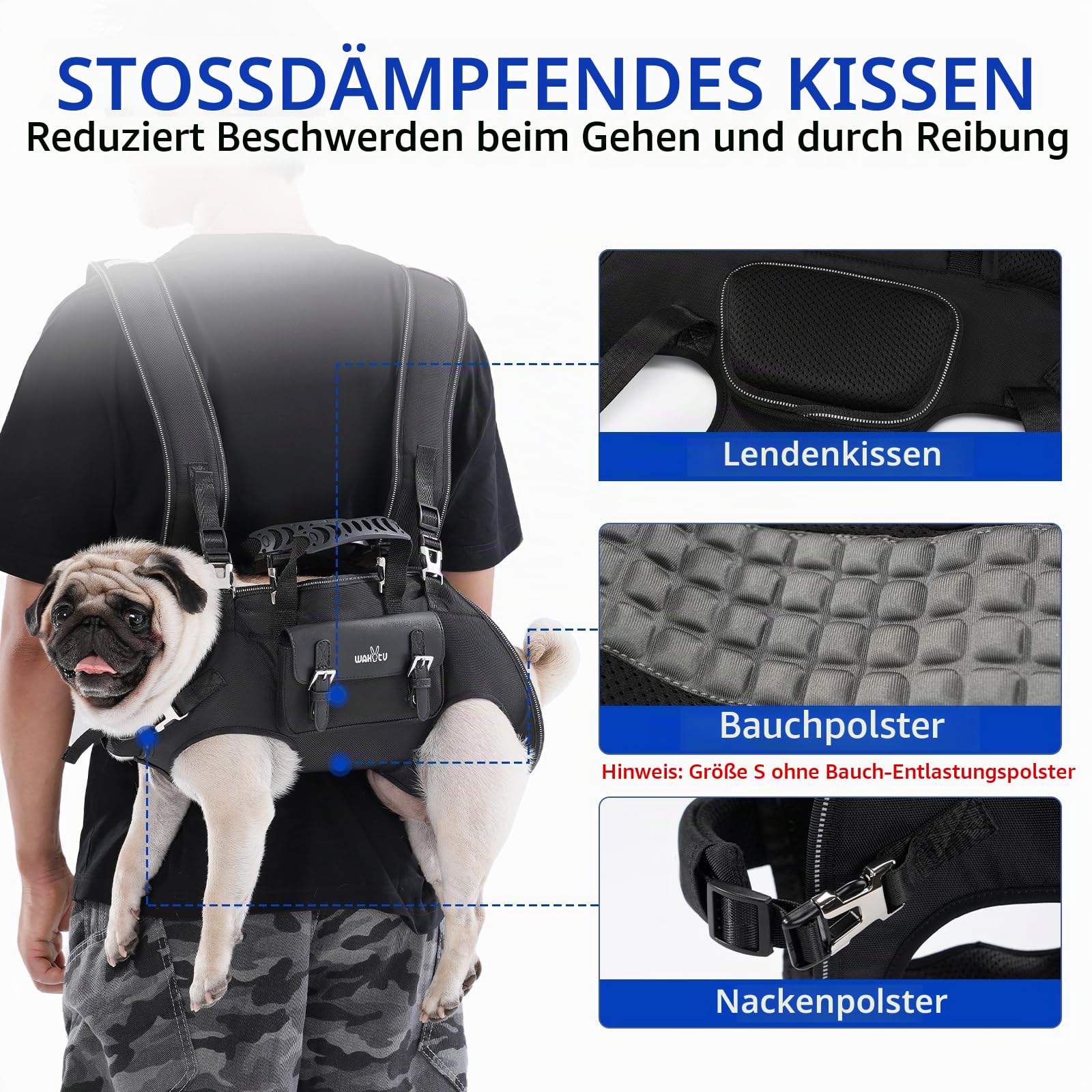 Wakytu Tragehilfe für kleine Hunde, Hebegeschirr, verstellbare gepolsterte atmungsaktive Gurte. Für Hunde mit Behinderung, Gelenkverletzung, Arthritis & eingeschränkter Gehstabilität.(L, 8.5-13.5kg)