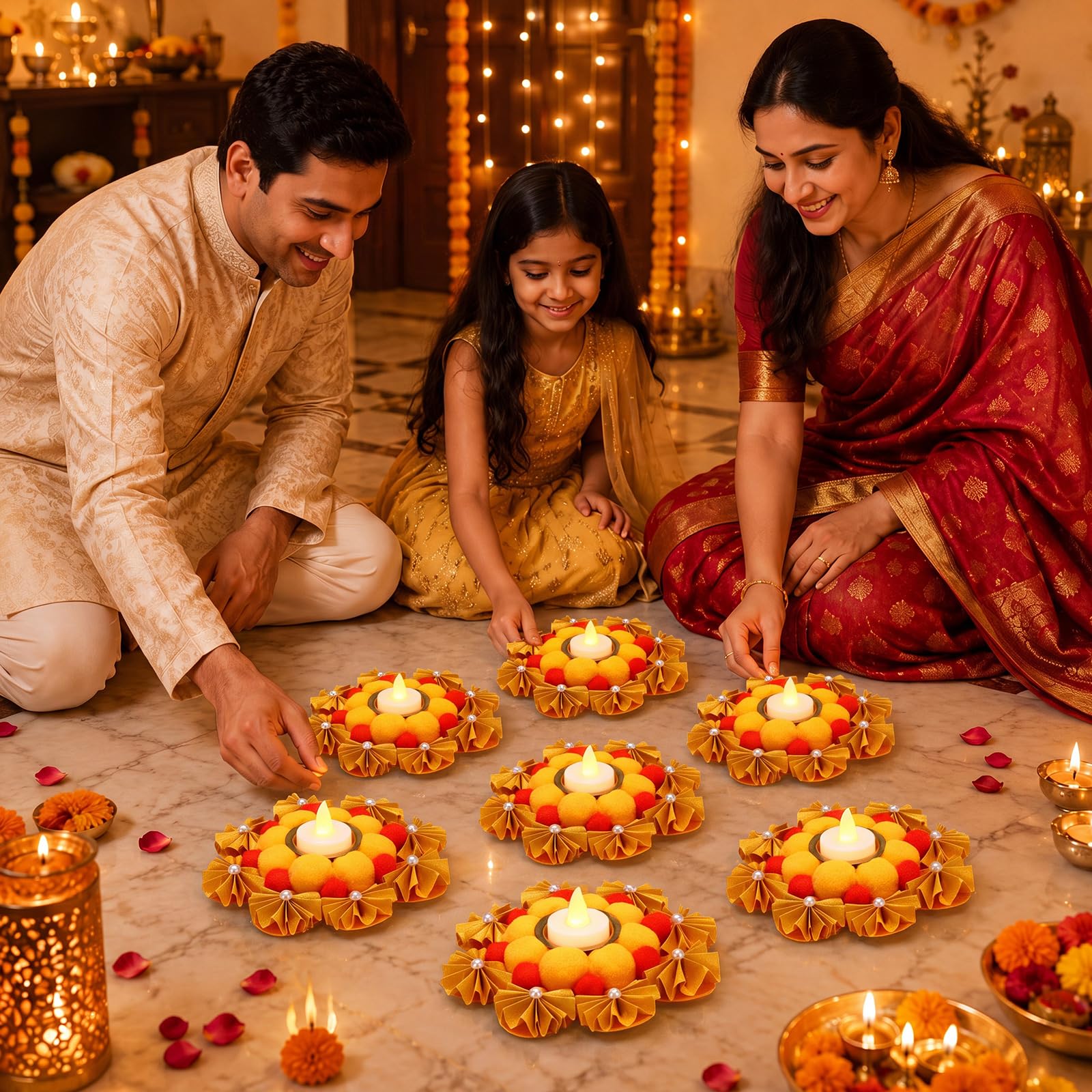 LemonRoad Confezione da 7 tappetini decorativi per Diwali Rangoli da 15,2 cm, per lumini LED, fatti a mano, decorazione per la casa, candele LED, decorazioni con pompon per regalo Pooja