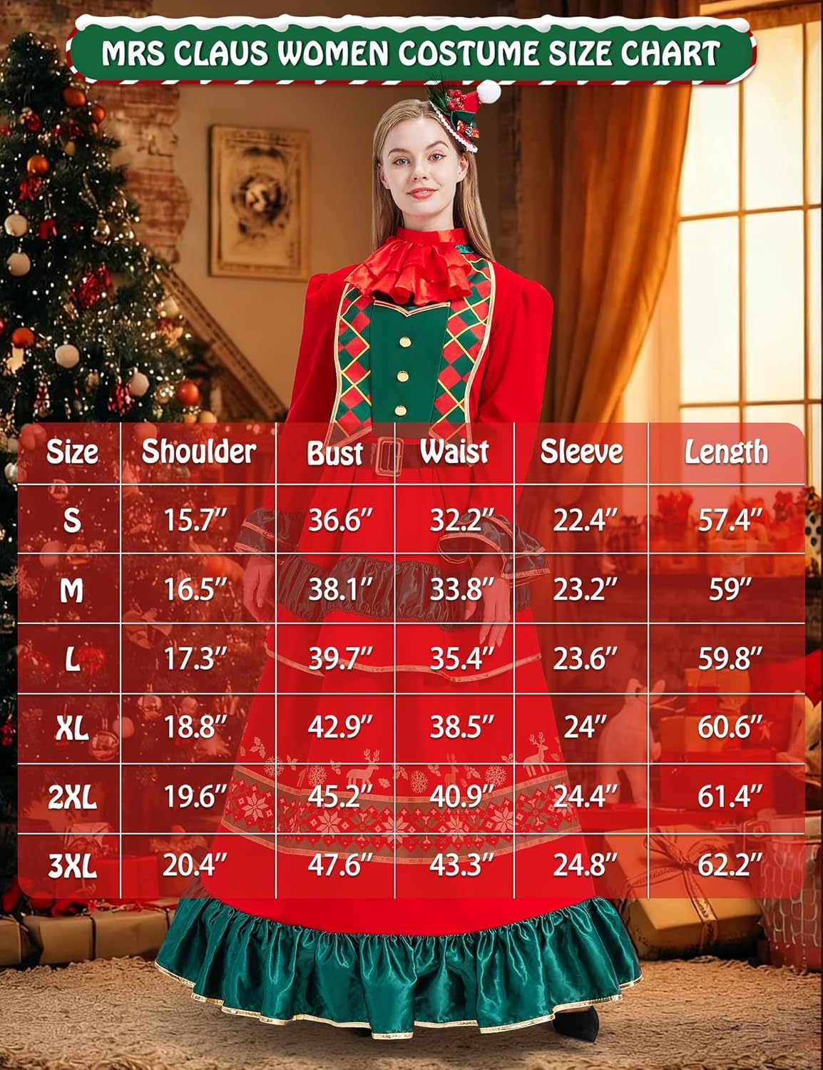 Mrs Claus Costume Adult Women Miss Santa Dress 4PCS Long Sleeve Christmas Outfit Party Holiday Plus Size - Image 7