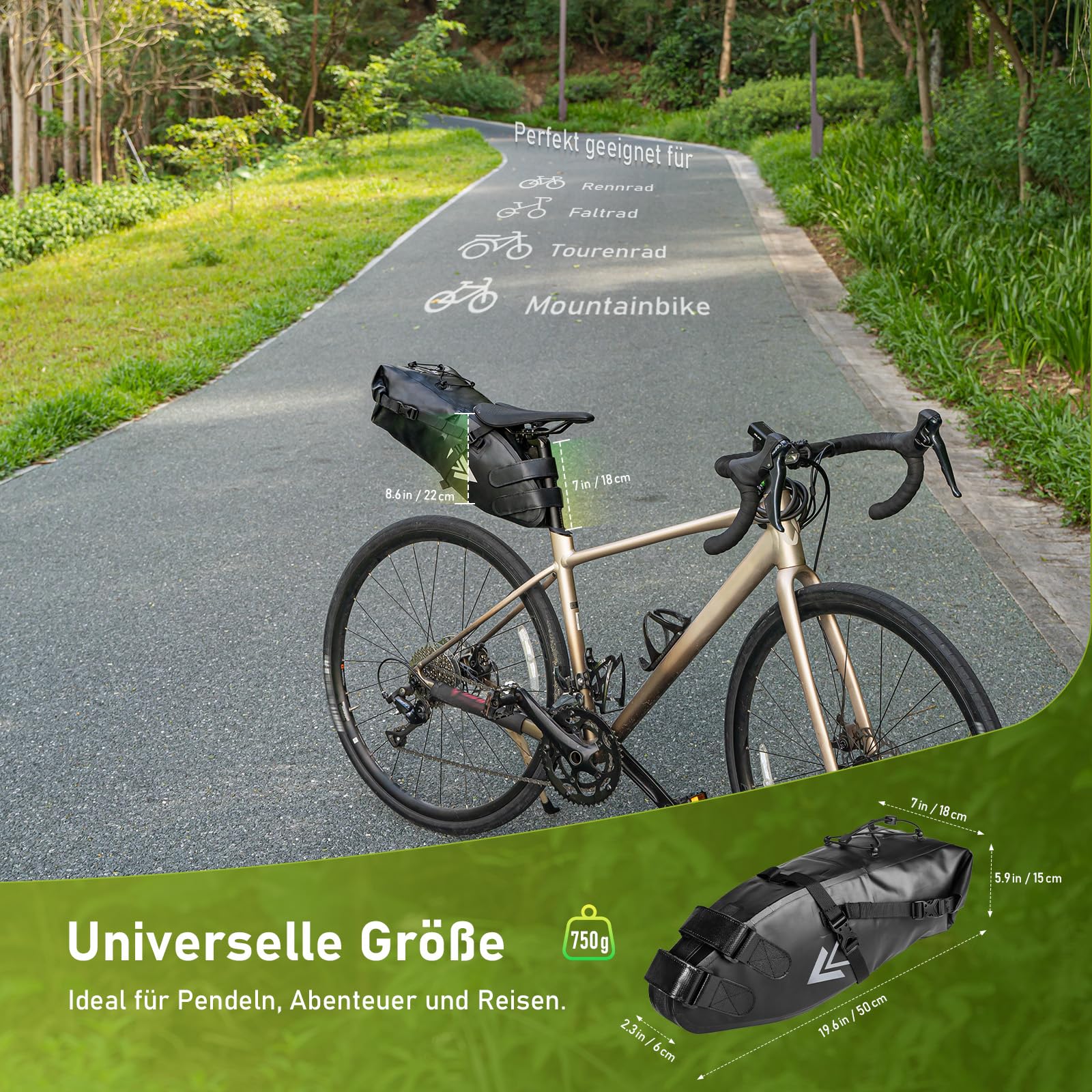 Jeebel Fahrradtasche Wasserdicht BackLoader Satteltasche - 10L Bikepacking Taschen Fahrradtasche Sattelstütze für Rennrad Mountainbike