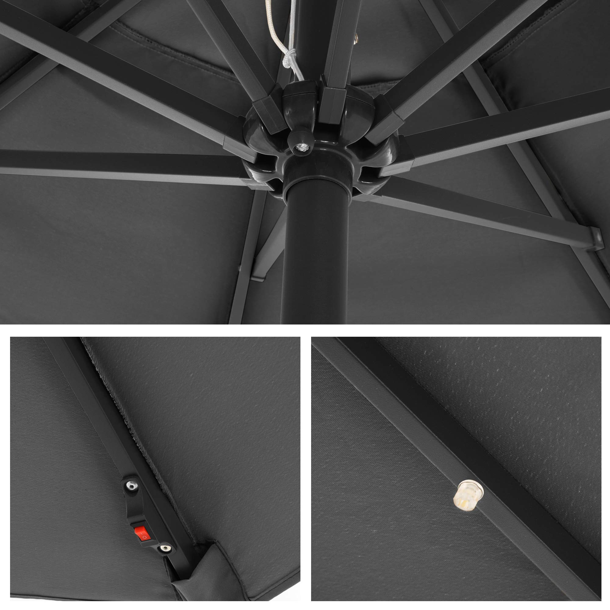 SONGMICS Parasol 300 cm avec éclairage solaire LED, 32 lumières LED, protection UV UPF 50+, pliable à 30°, pour jardin, terrasse, piscine, balcon, sans support, gris GPU33GY