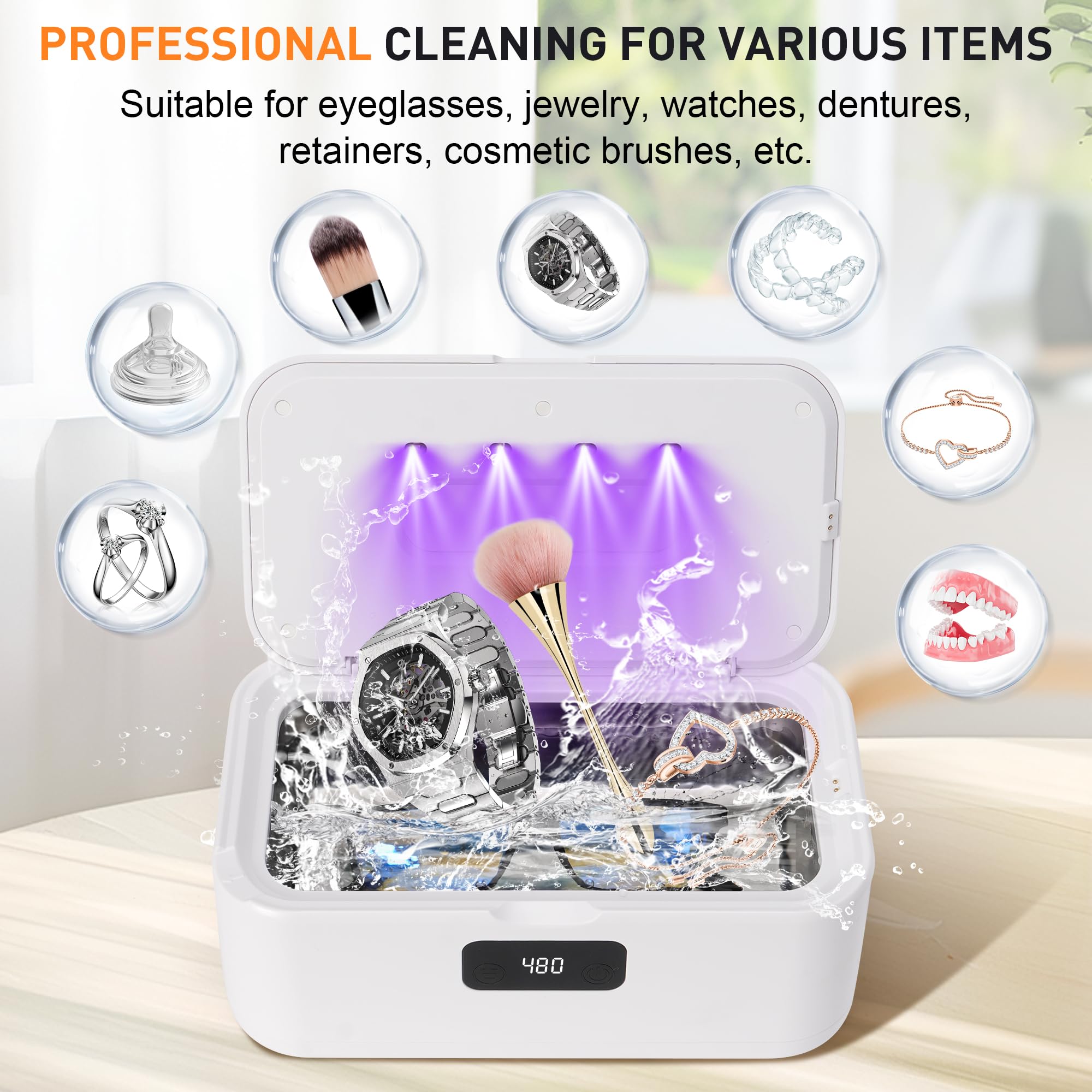 Pulitore Ultrasuoni Gioielli Occhiali - 49000Hz | 800ML | Lampada UV Ultrasonic Cleaner con 5 Timer Digitale - Ultrasonic Cleaning Machine per Apparecchio Denti Anelli Collane