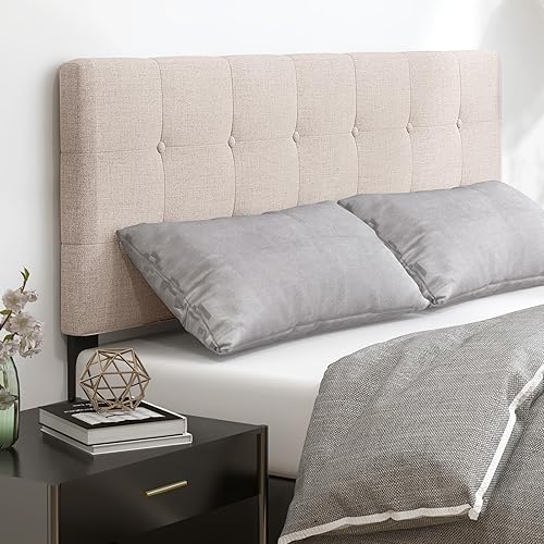 Miniatura 2 de Giantex Cabecera tapizada de lino, cabecera capitoné de ancho ajustable con botones solo con patas de madera maciza, marco de fijación, cabeceras