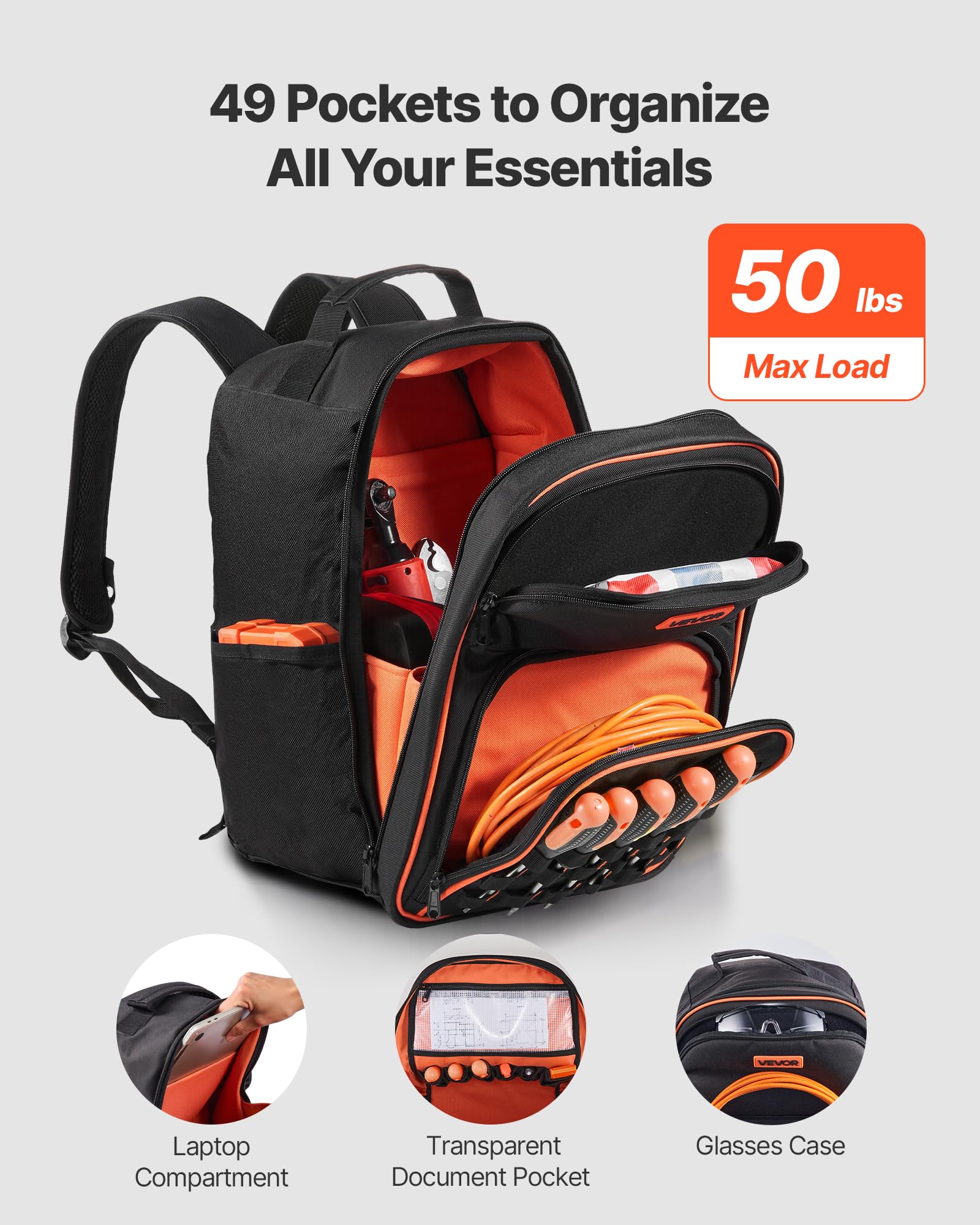 VEVOR Zaino Portautensili, 49 Tasche, Organizzatore per Attrezzi Pesanti, Zaino da Lavoro con Scomparto per Laptop e Base in Tessuto, Borsa da Cantiere per Elettricisti, Riparatori e Tecnici HVAC